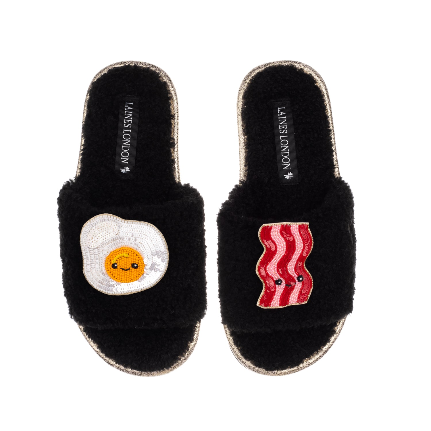 Laines London Women's Teddy Slider Slippers With Laines Loveables Egg & Bacon Brooches - Black In Black