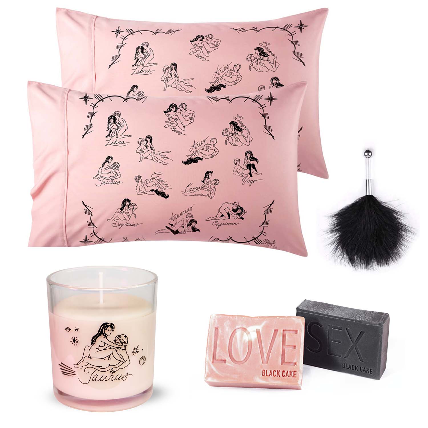 Pink / Purple Valentine Day Taurus Zodiac Horoscope Love Pillowcase, Soap, Candle Set Black Cake