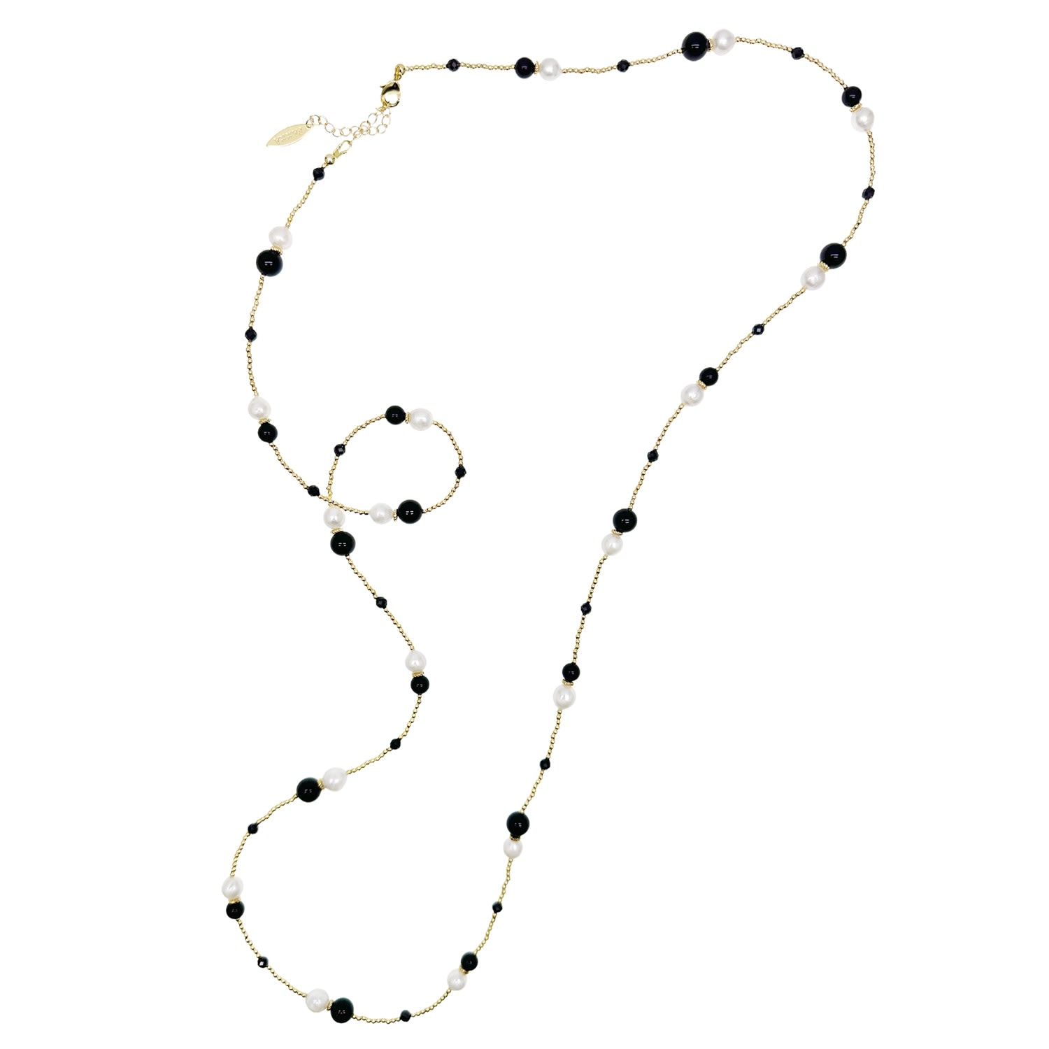 Farra Women's White / Black Black Obsidian With Freshwater Pearls Long Necklace In Multi