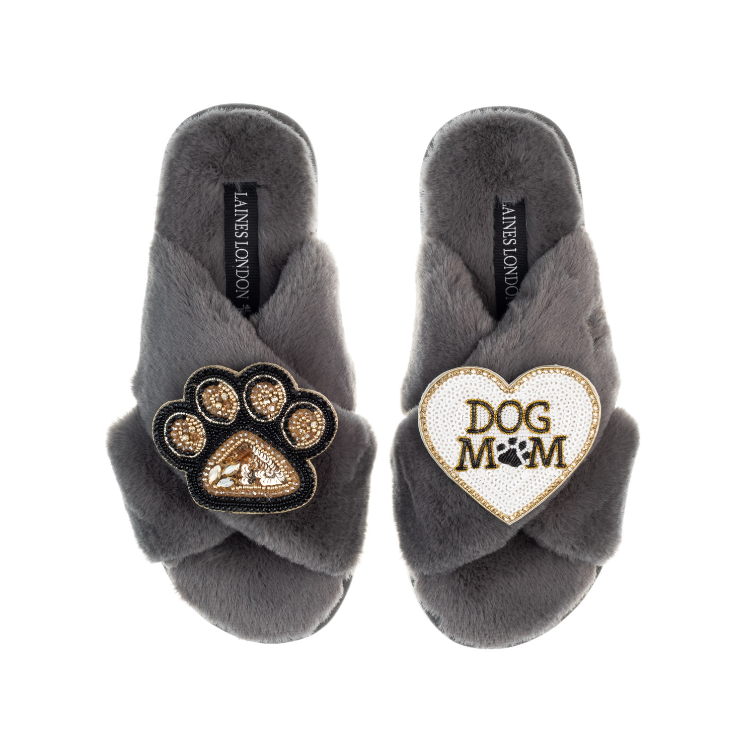Laines London Women's Classic Laines Slippers With Dog Mum / Mom & Paw Brooches - Grey In Grey