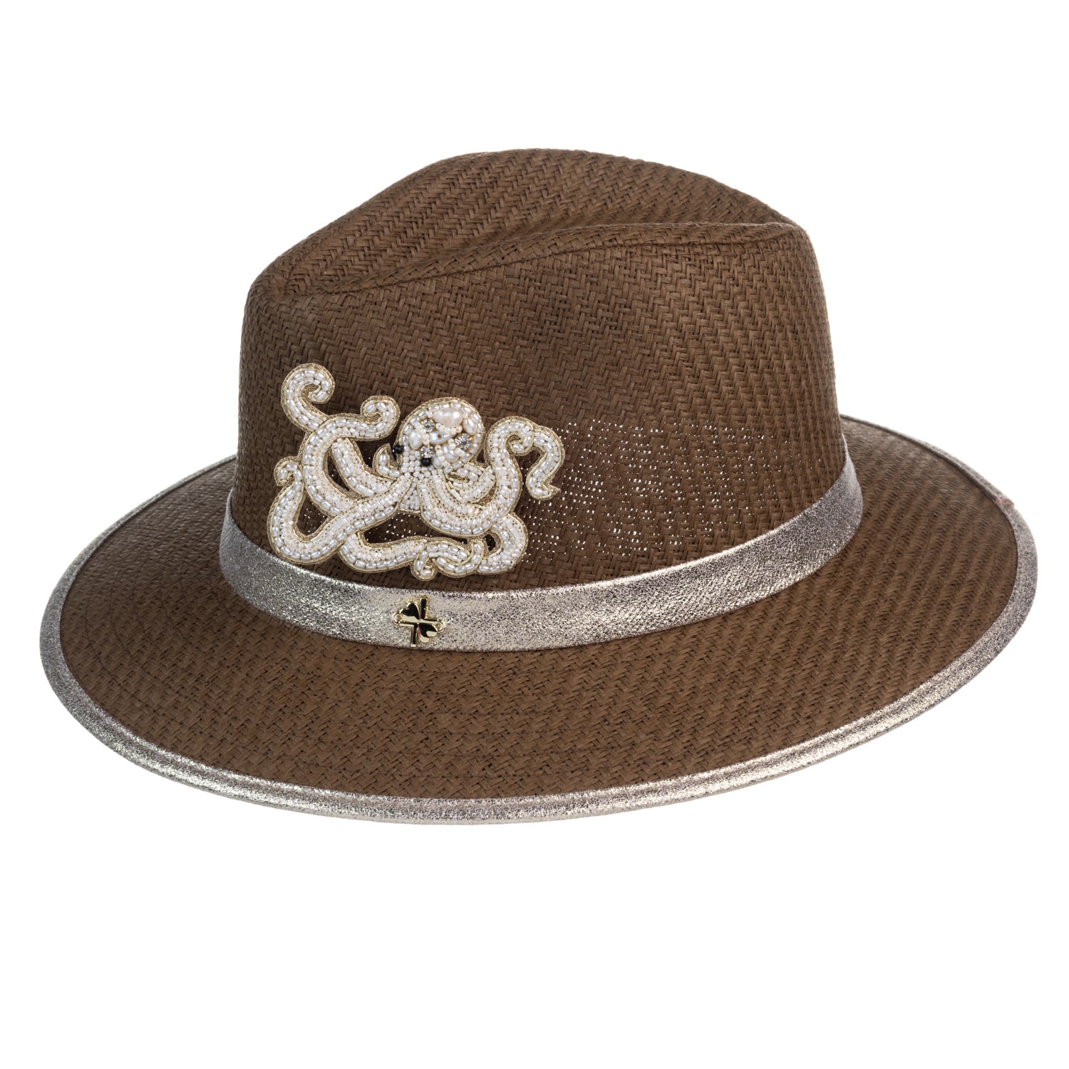 Women’s Brown Straw Woven Hat With Pearl Beaded Octopus - Caramel One Size Laines London