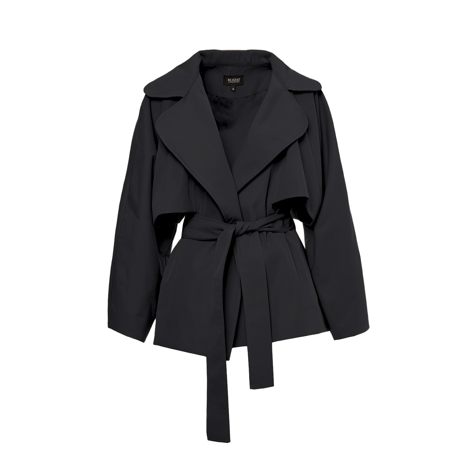Black Short Trench Coat With Waist Belt | BLUZAT | Wolf & Badger Black Short Trench Coat With Waist Belt | BLUZAT | Wolf & Badger