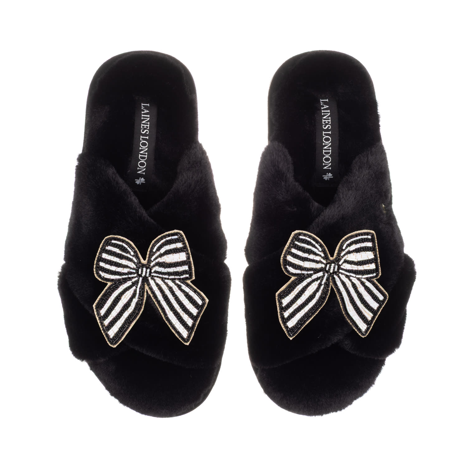 Laines London Women's Classic Laines Slippers With Black Stripe Bow Brooches - Black In Black