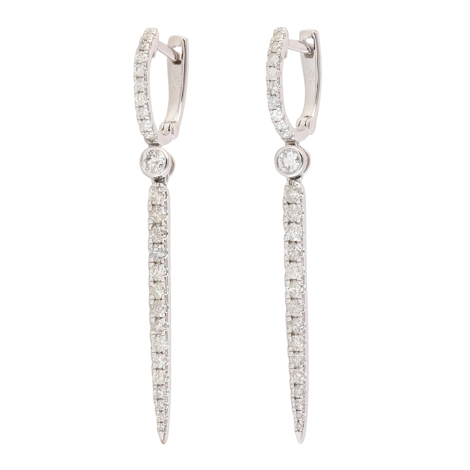 Women’s 14K White Gold In Micro Pave Diamond Thorn Dagger Huggies Dangle Earring Artisan