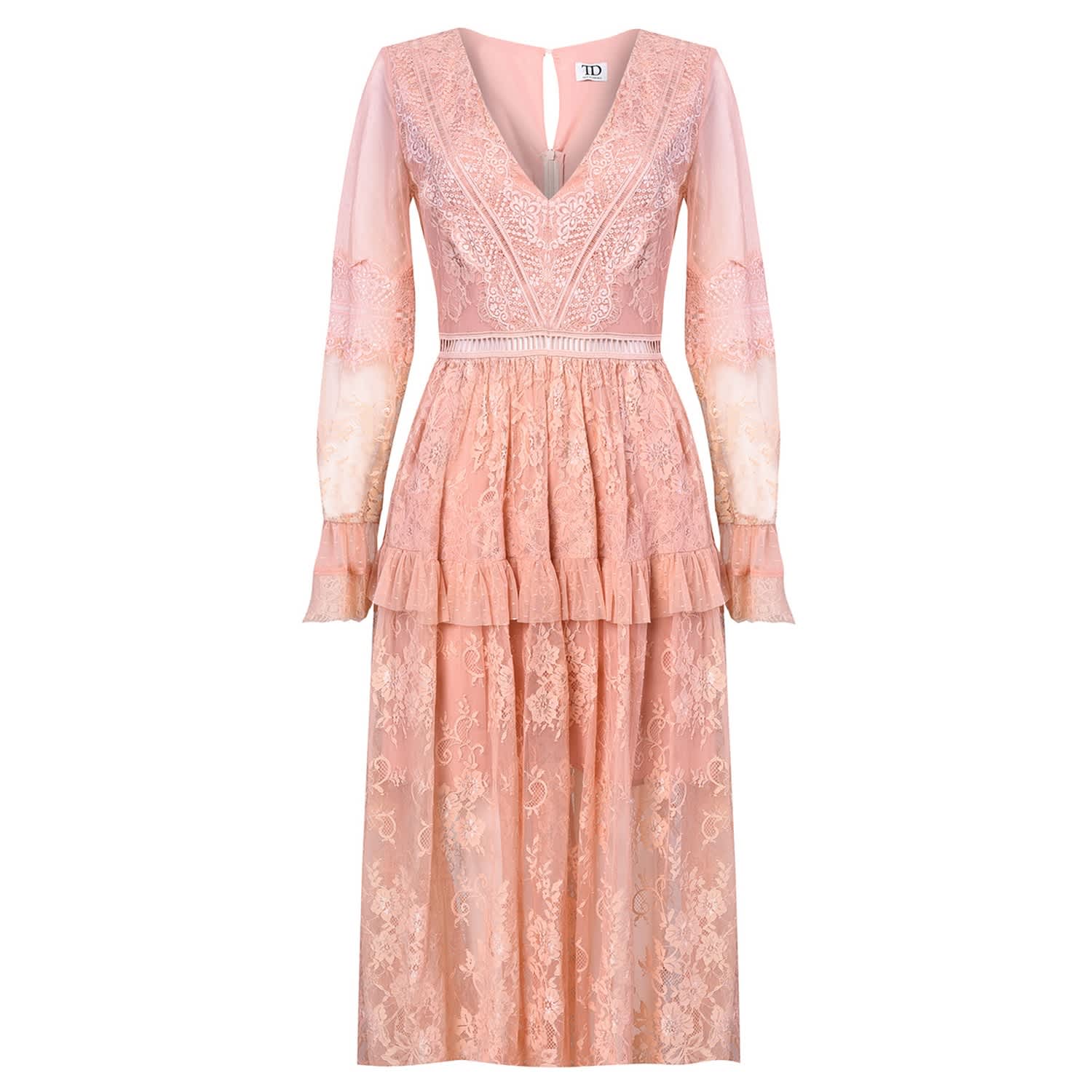 peach lace midi dress