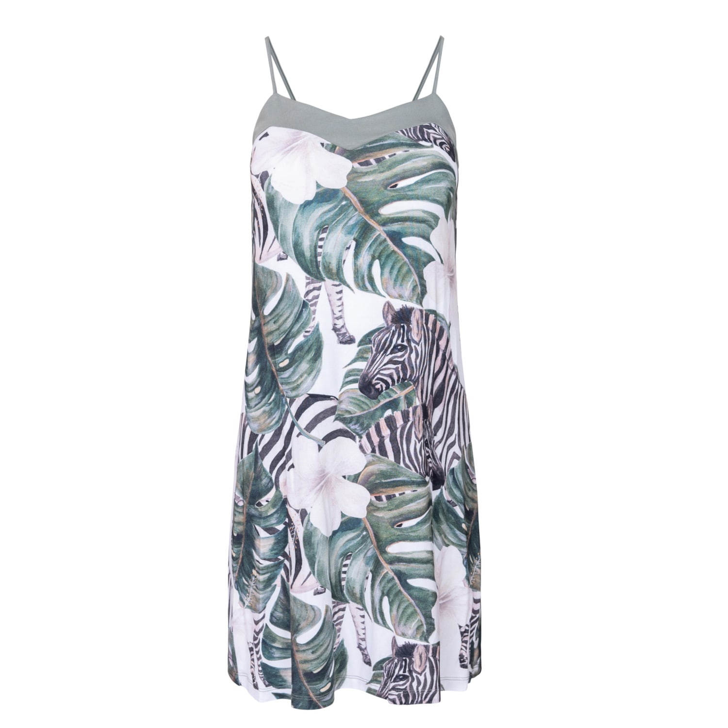 Women’s Green / White Chemise Nightdress - Breathable Viscose With Zebra & Monstera Print Small Oh!Zuza Night & Day