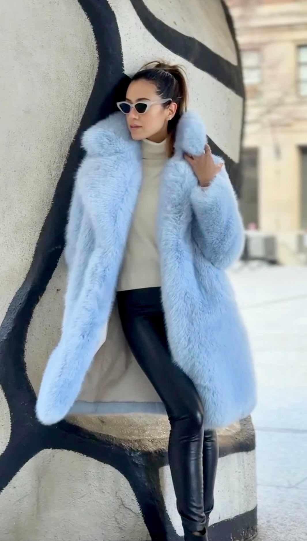 y2k“broken”XO”鬼フェード“ブルー”2XL“襤褸 boro knit Powder Blue Faux Fox Fur Coat By Dani Watanabe | HARMONIA NY