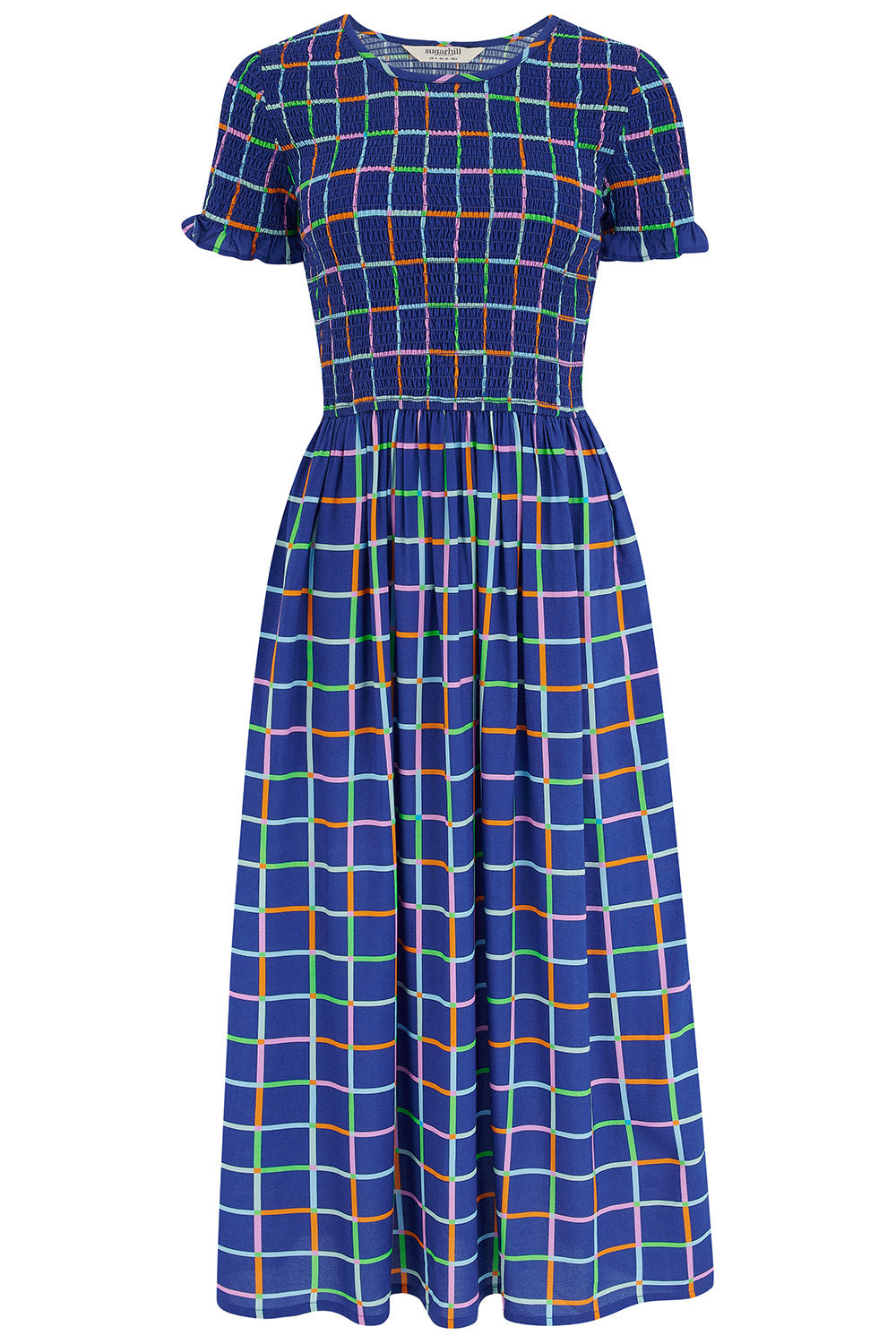 Women's Zamira Shirred Midi Dress Blue, Matchstick Check | Large | Sugarhill Brighton