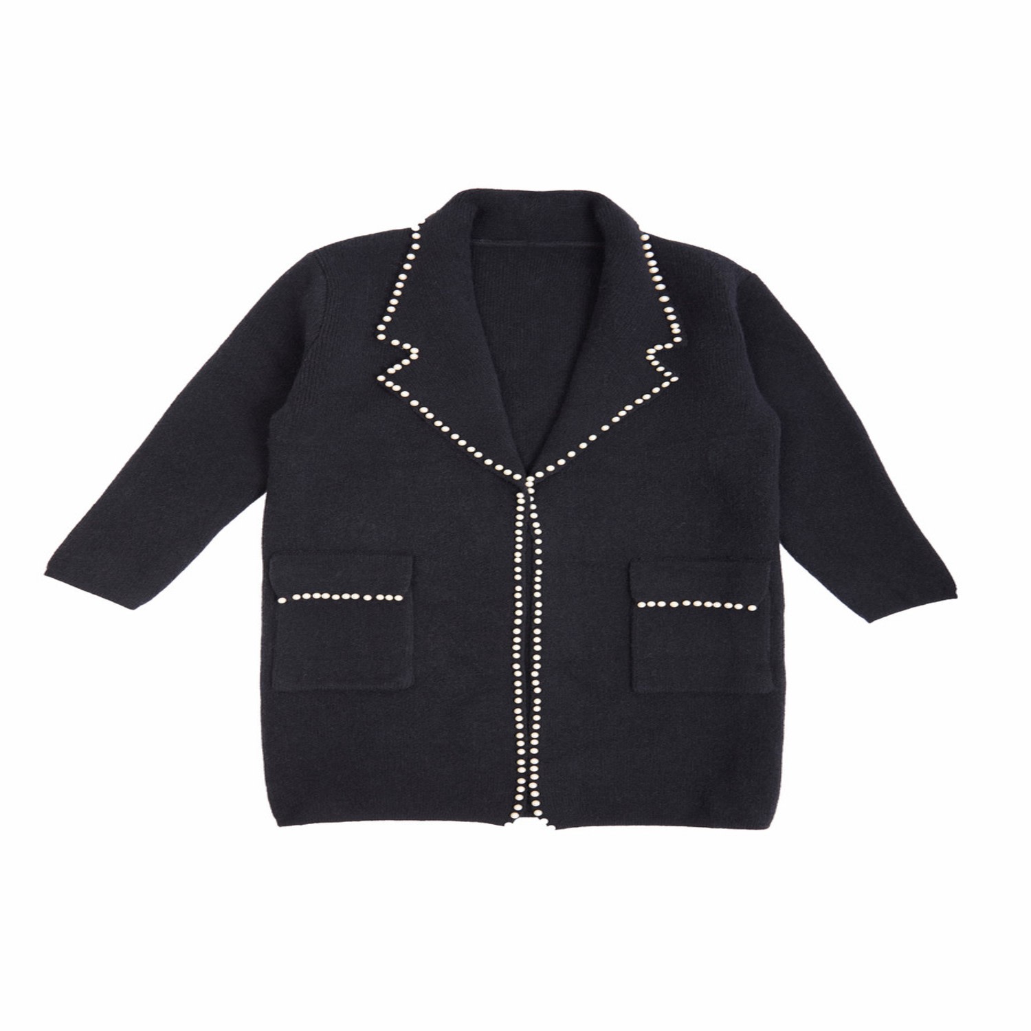 Saachi Women's Pearl Trim Long Knit Black Blazer