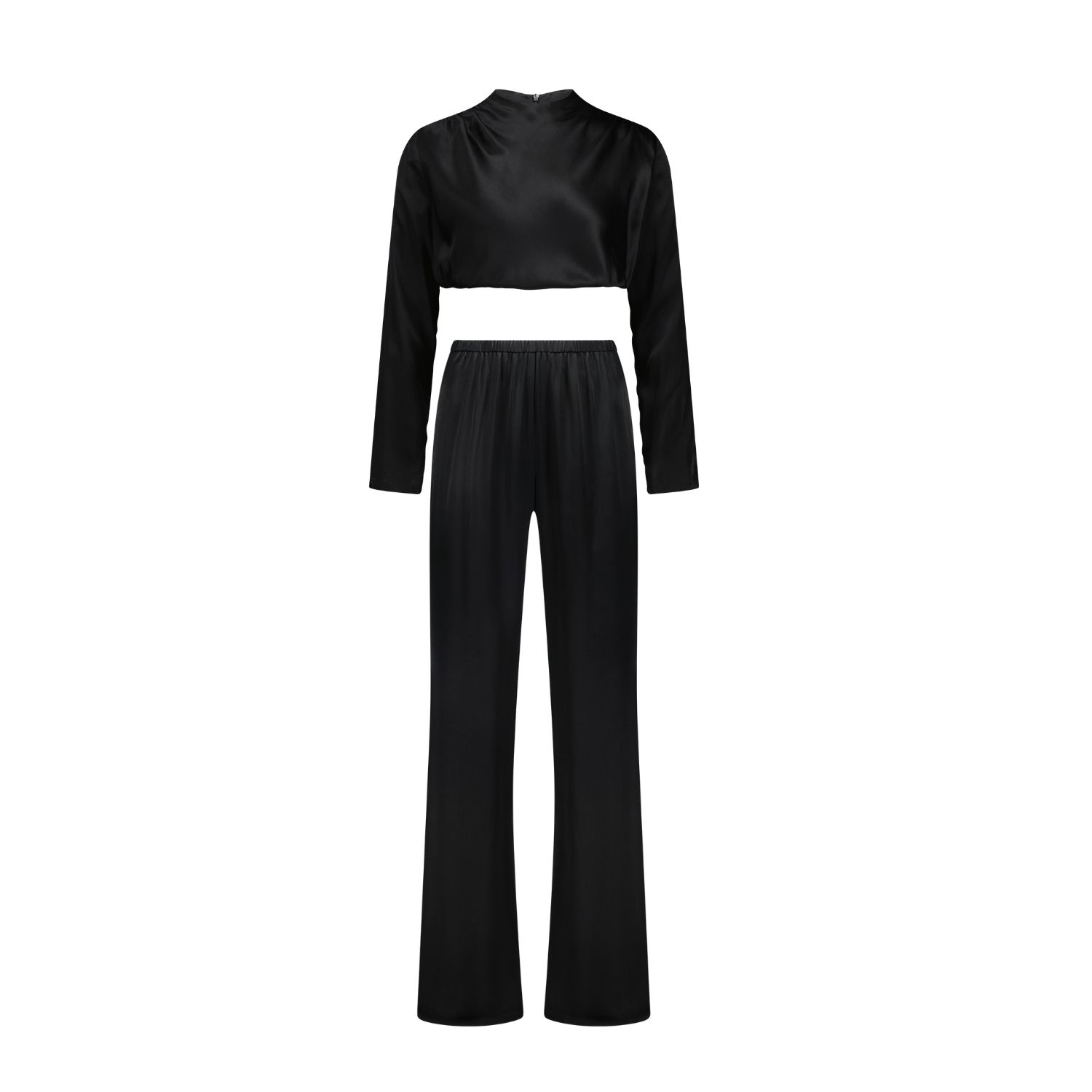Black Jasmin Pure Silk Matching Set Long Sleeve Crop Top And Pants Large Mera Silk