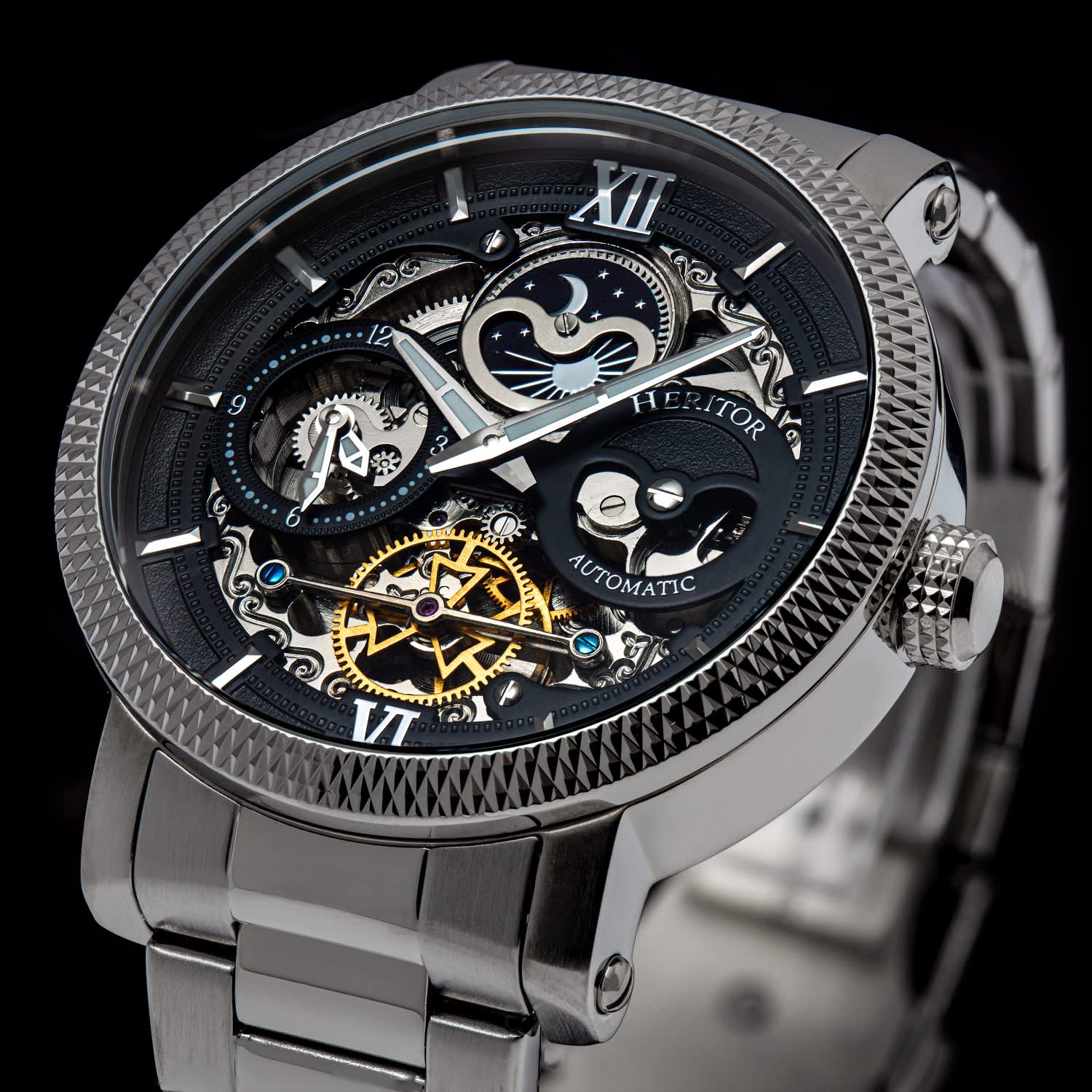 Aries Skeleton Bracelet Watch with Moon Phase Heritor Automatic