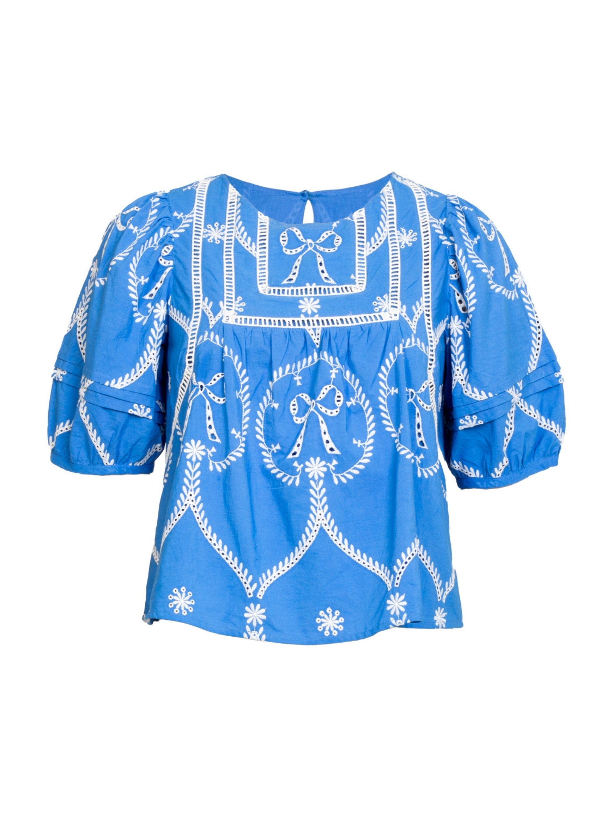 Rose & Nancy Women's Blue / White Charlie Embroidered Bow Blue Blouse