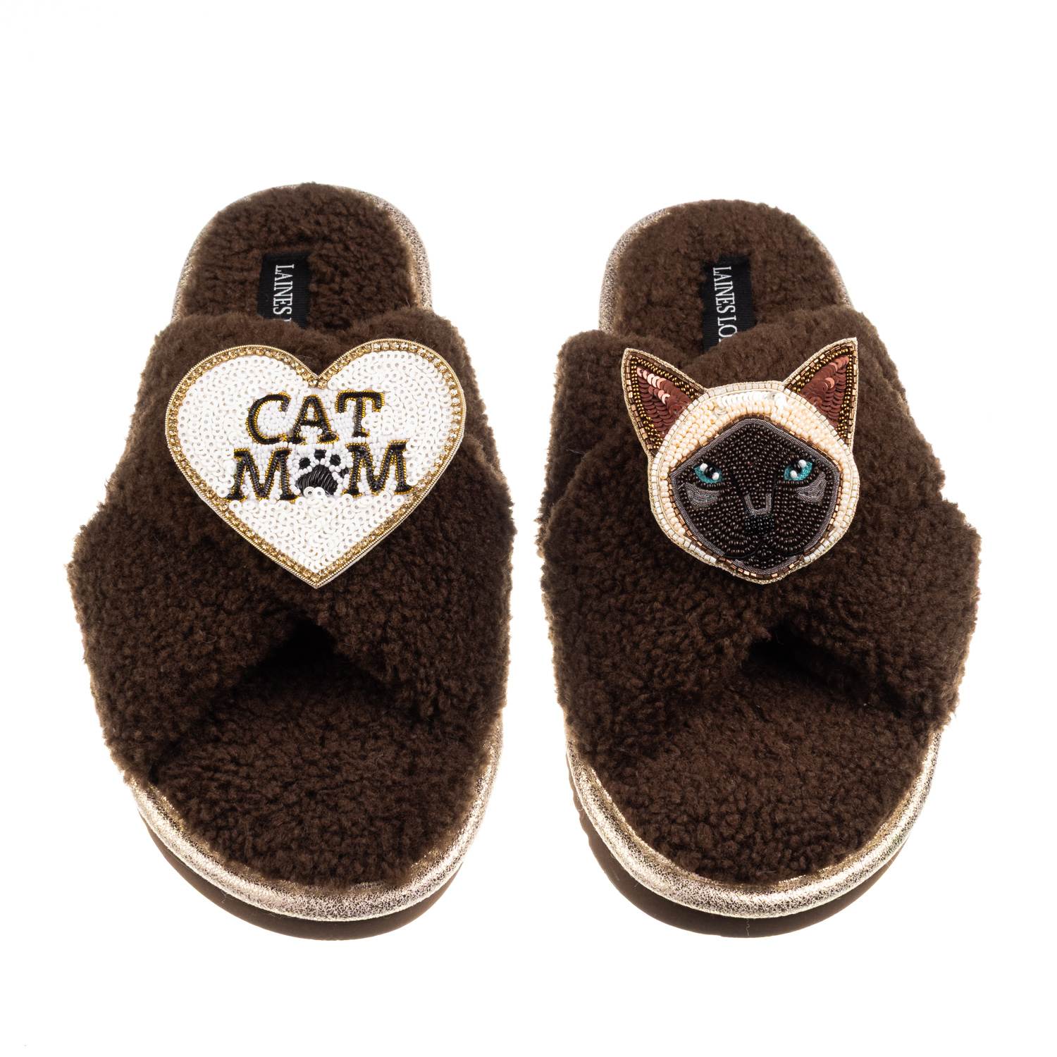 Laines London Women's Brown / Neutrals Boucle Slippers With Cat Mum/mom & Siamese Cat Brooches - Chocolate In Brown