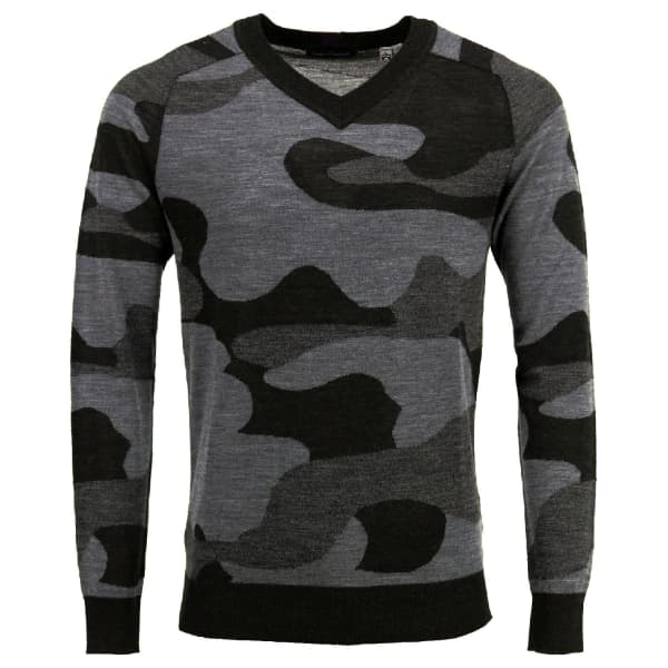 LORDS OF HARLECH VINCENT V-NECK SWEATER IN WOOLCAMO CHARCOAL