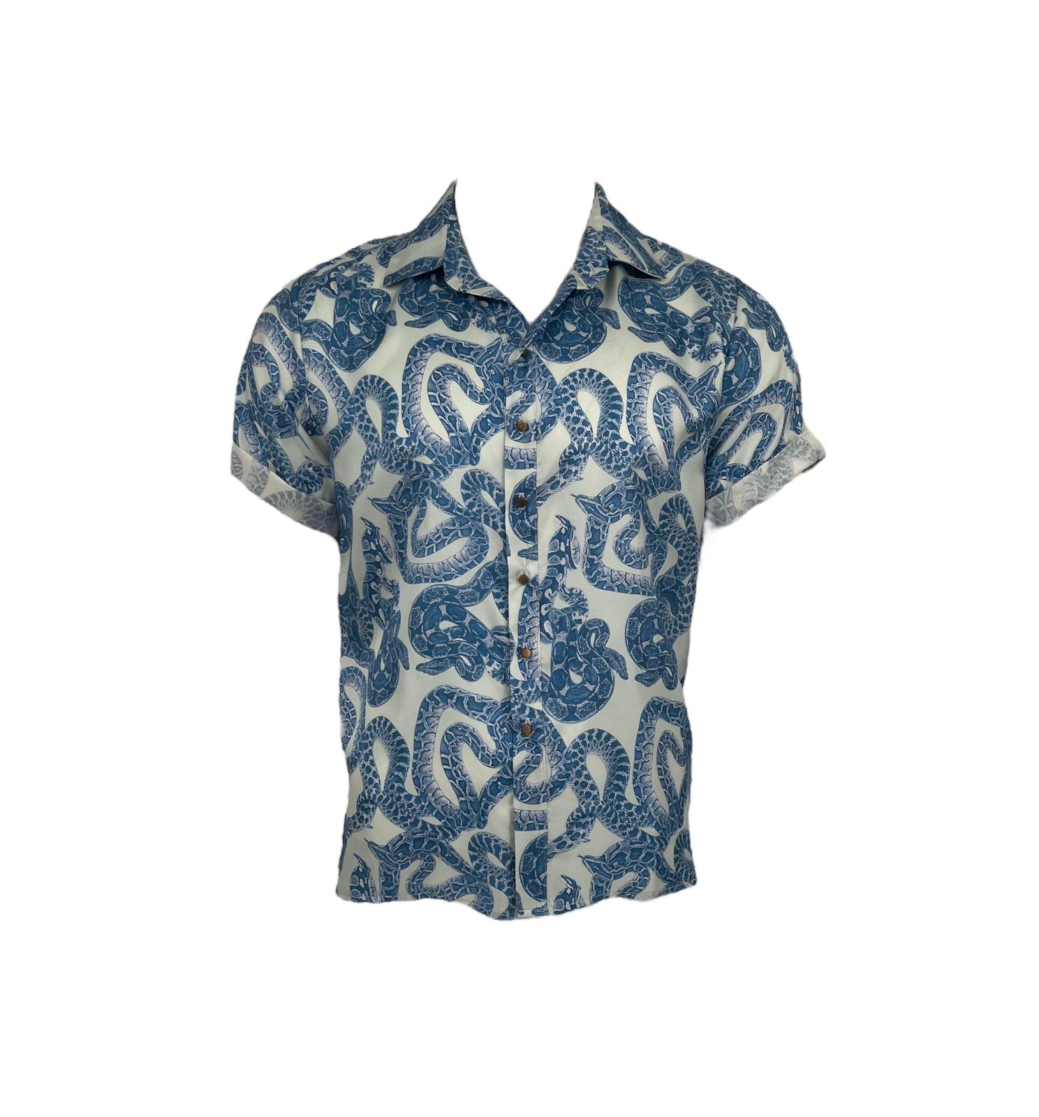 Men’s Blue Silk Snake Shirt Large Monzlapur New York