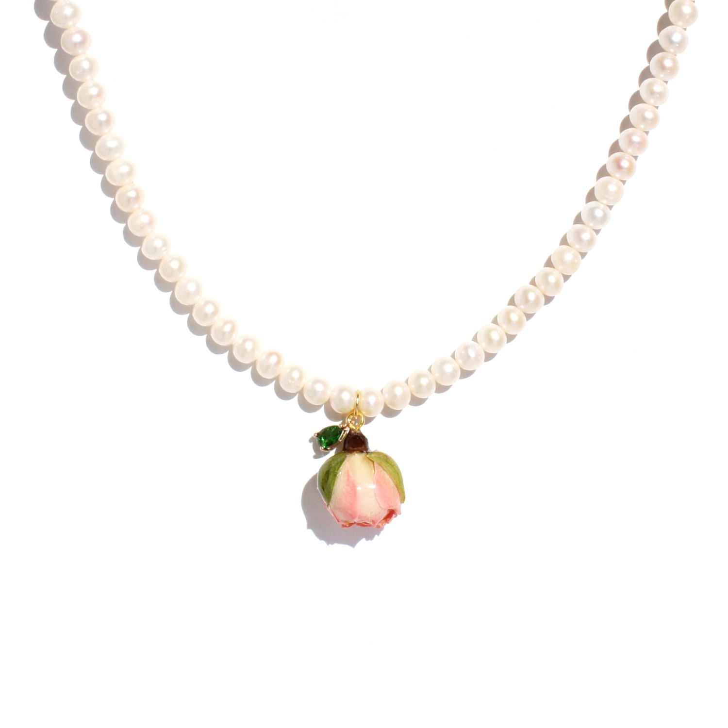 Women’s Green / Pink / Purple Real Flower Bella Rosa Rosebud And Freshwater Pearl Necklace With Green Crystal I’mmany London