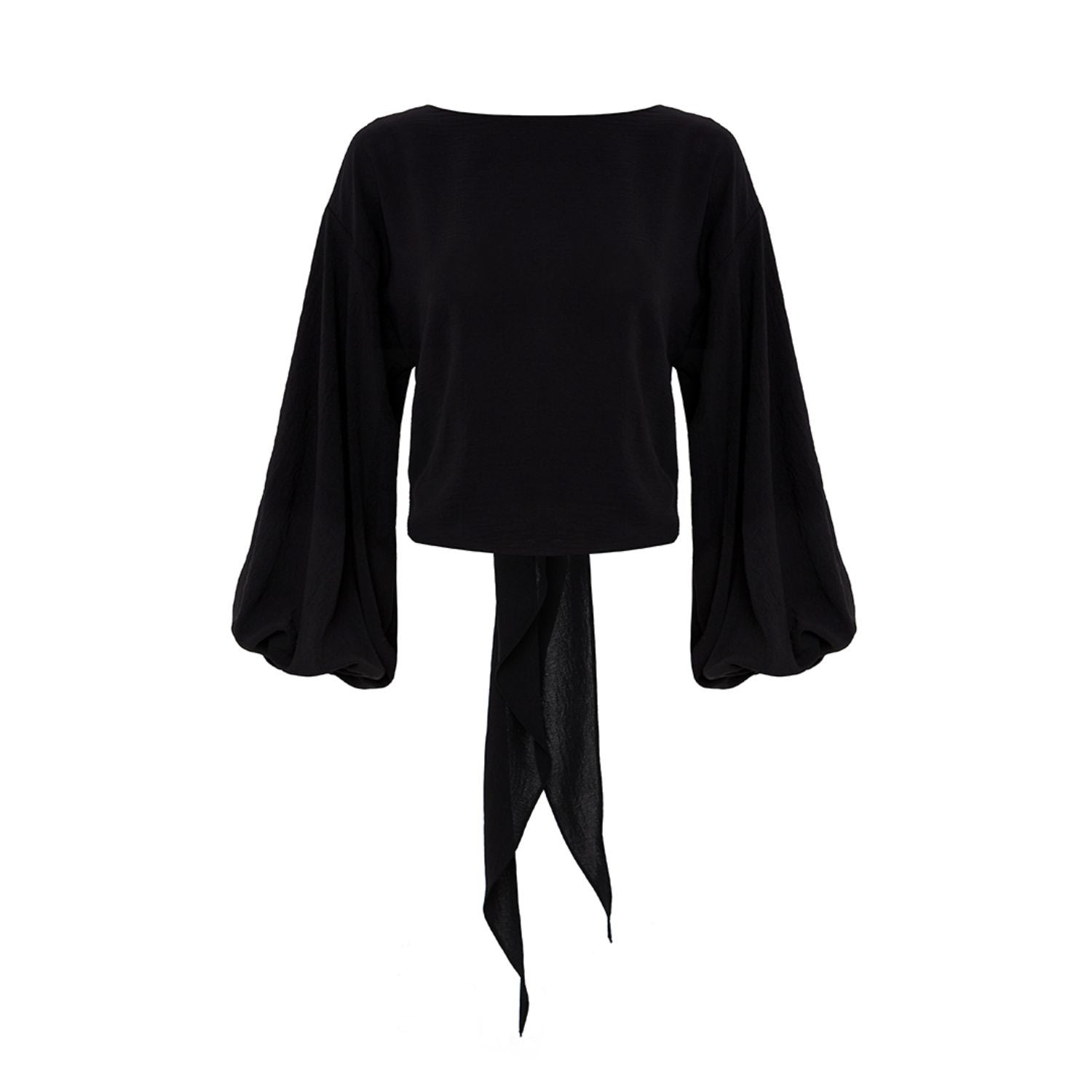 Azzalia Women's Long And Puffy Sleeves Top With Low Bow In Black In Black