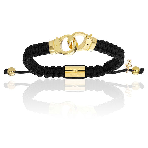 Men’s Yellow Gold Hand-Cuff With Black Polyester Bracelet Unisex Double Bone Bracelets