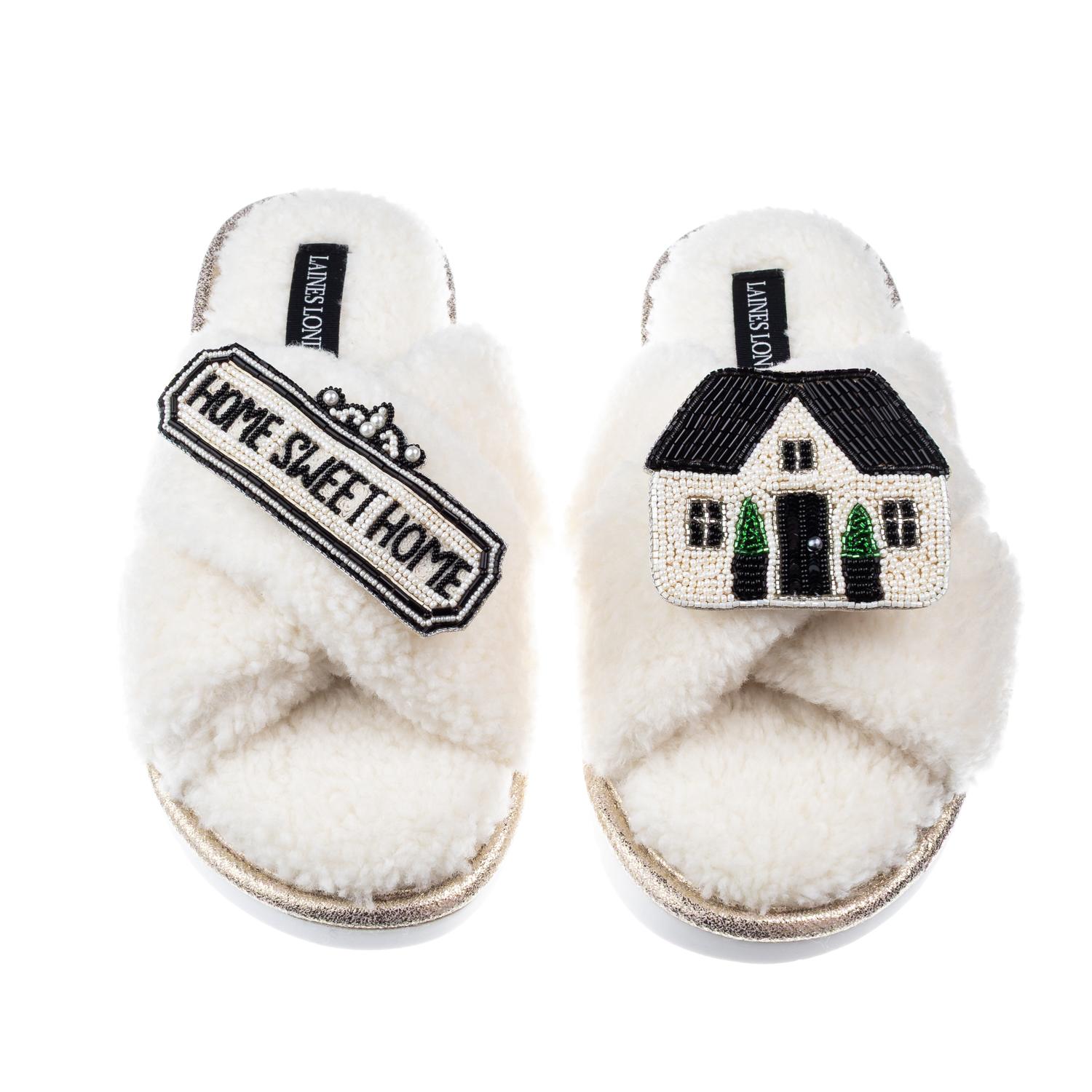 Women's Neutrals / White Neutral Boucle Slippers With Home Sweet Home Brooches - Cream | Large | Laines London