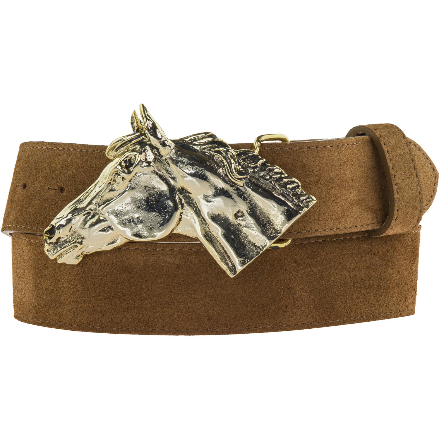 Gold Horse Head Belt Buckle On Chestnut Suede Leather Belt  display picture 1