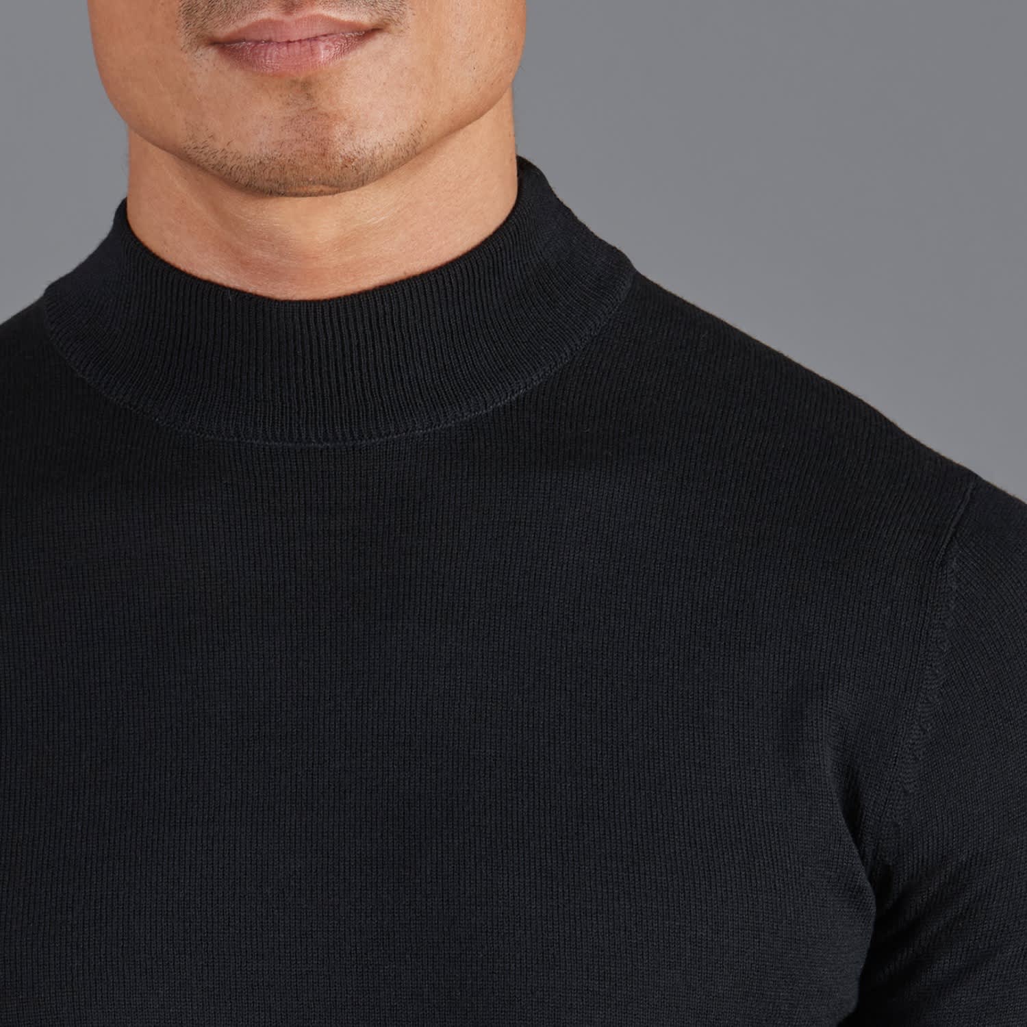 Mens Extra Fine Merino Wool Mock Turtleneck Shaw Jumper - Black by Paul  James Knitwear