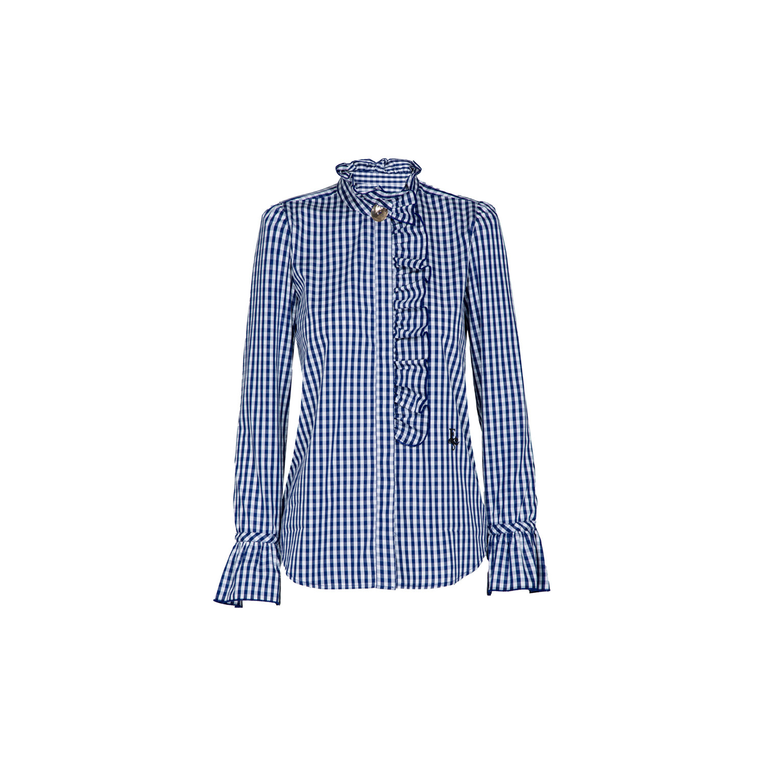 The Extreme Collection Women's Blue Boheme Navy Gingham Blouse With Ruffled Trim And High Collar