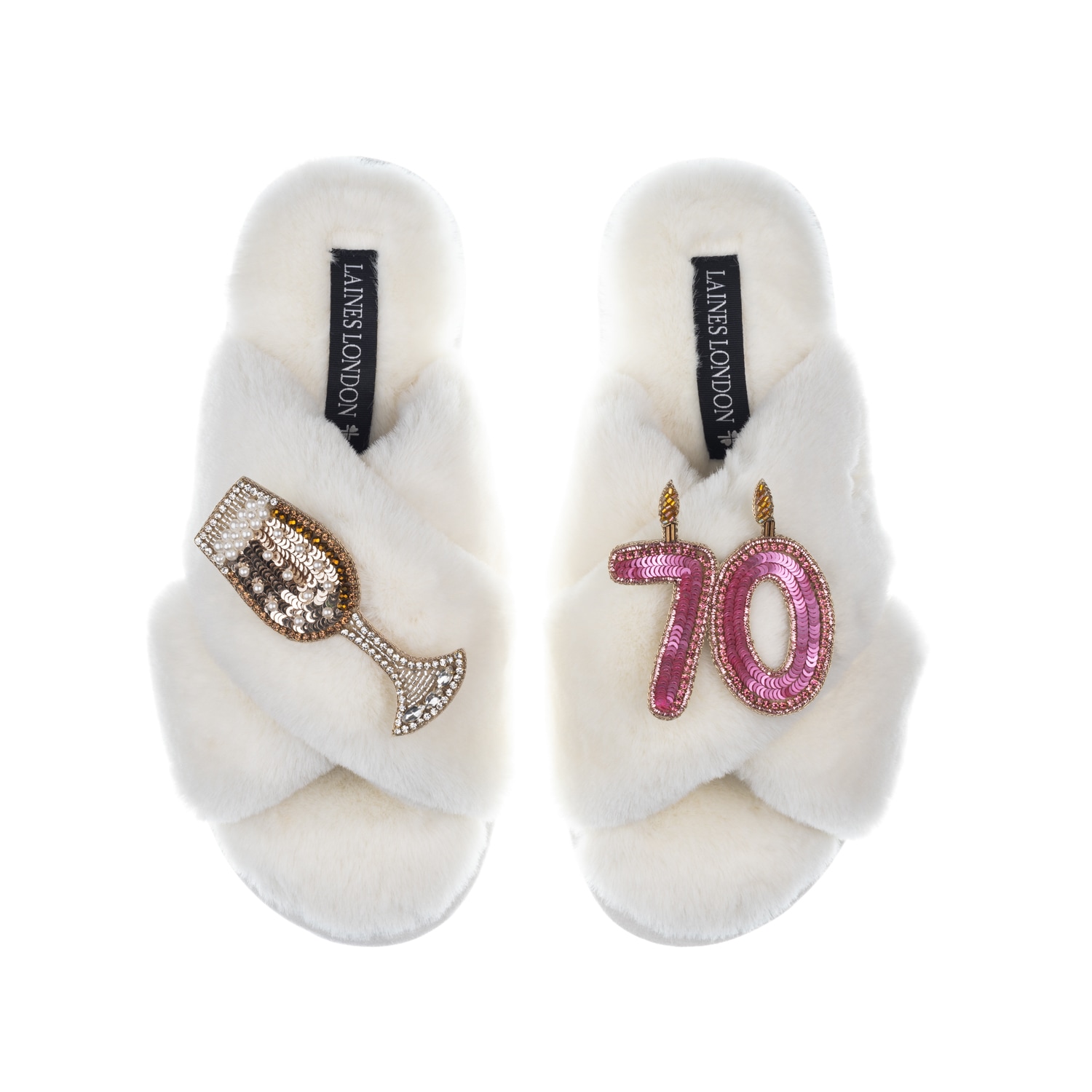 Laines London Women's White Classic Laines Slippers With 70th Birthday & Champagne Glass Brooches - Cream In White