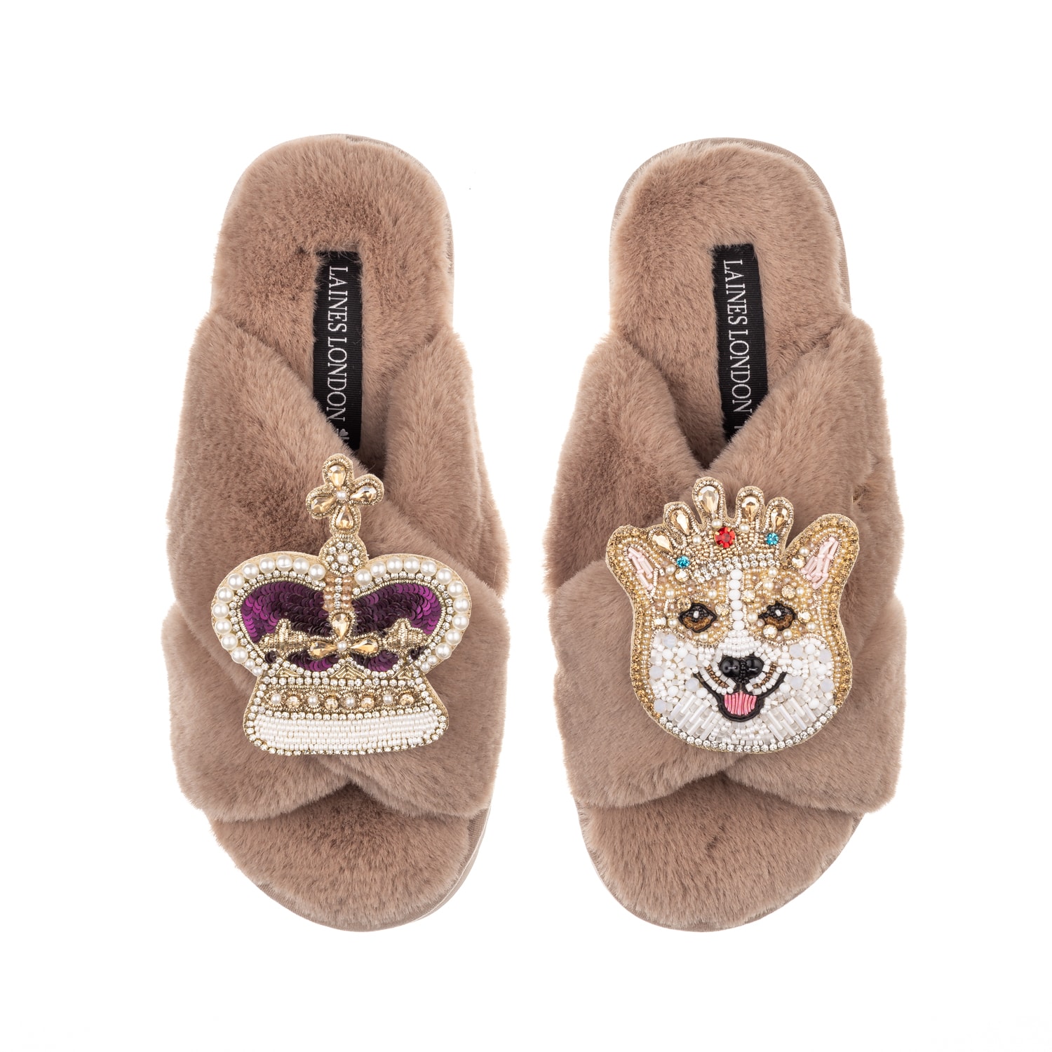 Laines London Women's Brown Classic Laines Slippers With Artisan Sandy The Corgi & Royal Crown Brooches - Toffee In Brown