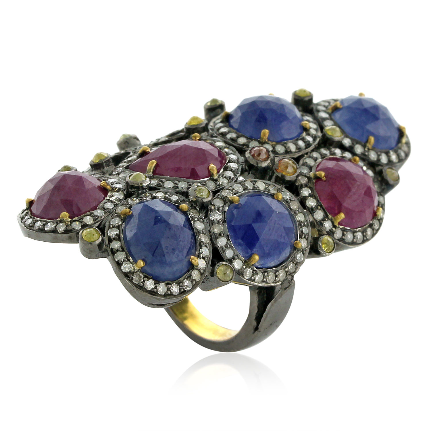 Women’s Sapphire Ruby 18K Gold Pave Diamond Ring 925 Sterling Silver Artisan