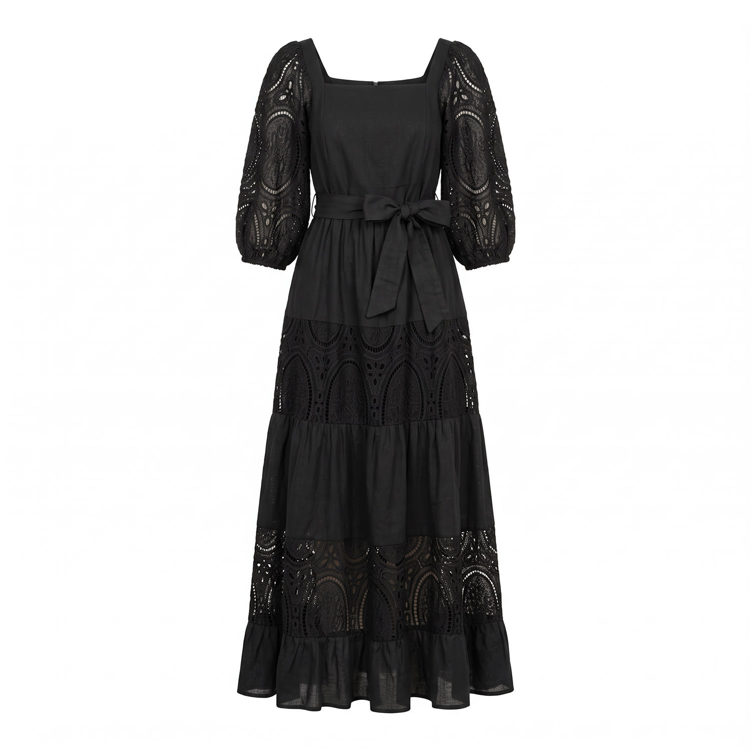 Tantra Spain Sl Women's Maxi Dress With A Square Neckline And Lantern Sleeves, Made Of Batiste And Lace Black