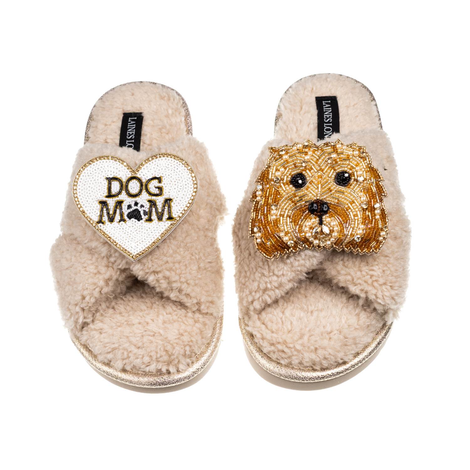 Laines London Women's Brown / Neutrals Laines Neutral Boucle Slippers With Enki-doo The Cockapoo & Dog Mum/mom Bro