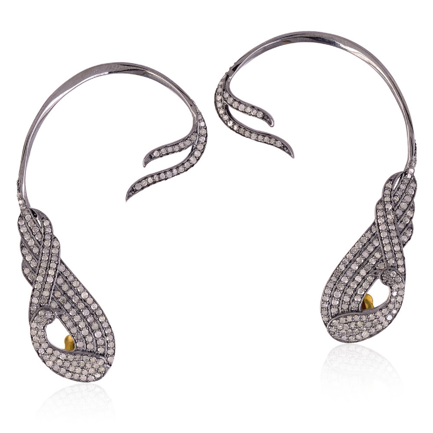 Women’s Gold / White 18K Solid Gold & 925 Silver In Pave Diamond Bird Of Paradise Ear Climber Earrings Artisan