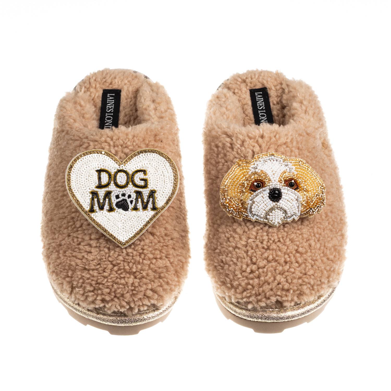 Laines London Women's Brown / Neutrals Teddy Closed Toe Slippers With Dog Mum / Mom & Gold & White Shih Tzu Brooch In Brown