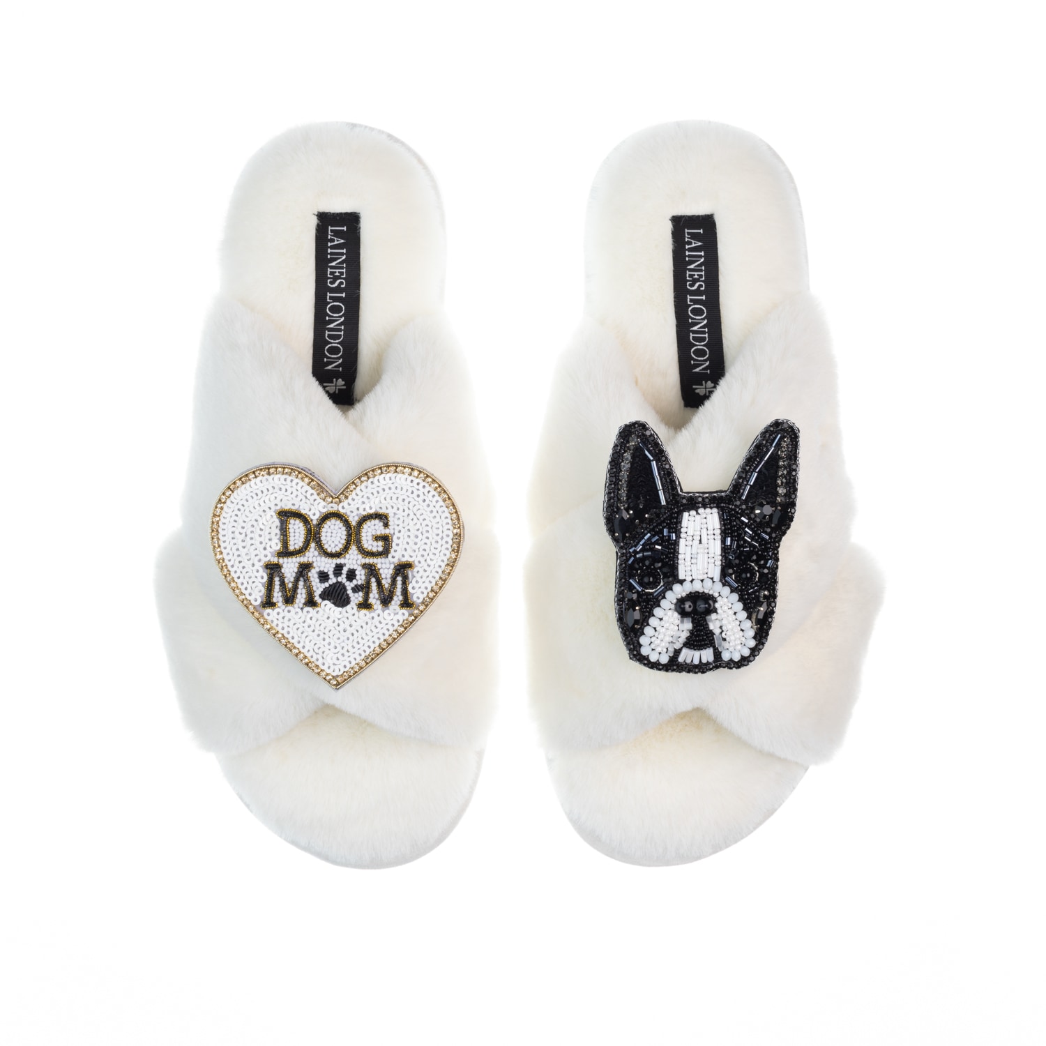 Laines London Women's White Classic Laines Slippers With Buddy The Boston Terrier & Dog Mum / Mom Brooches - Cream