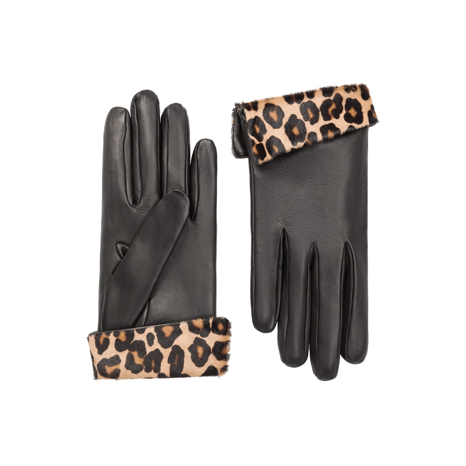 Women’s Natalie Leather Glove W/ Animal Print Cuff - Black 6" Cornelia James