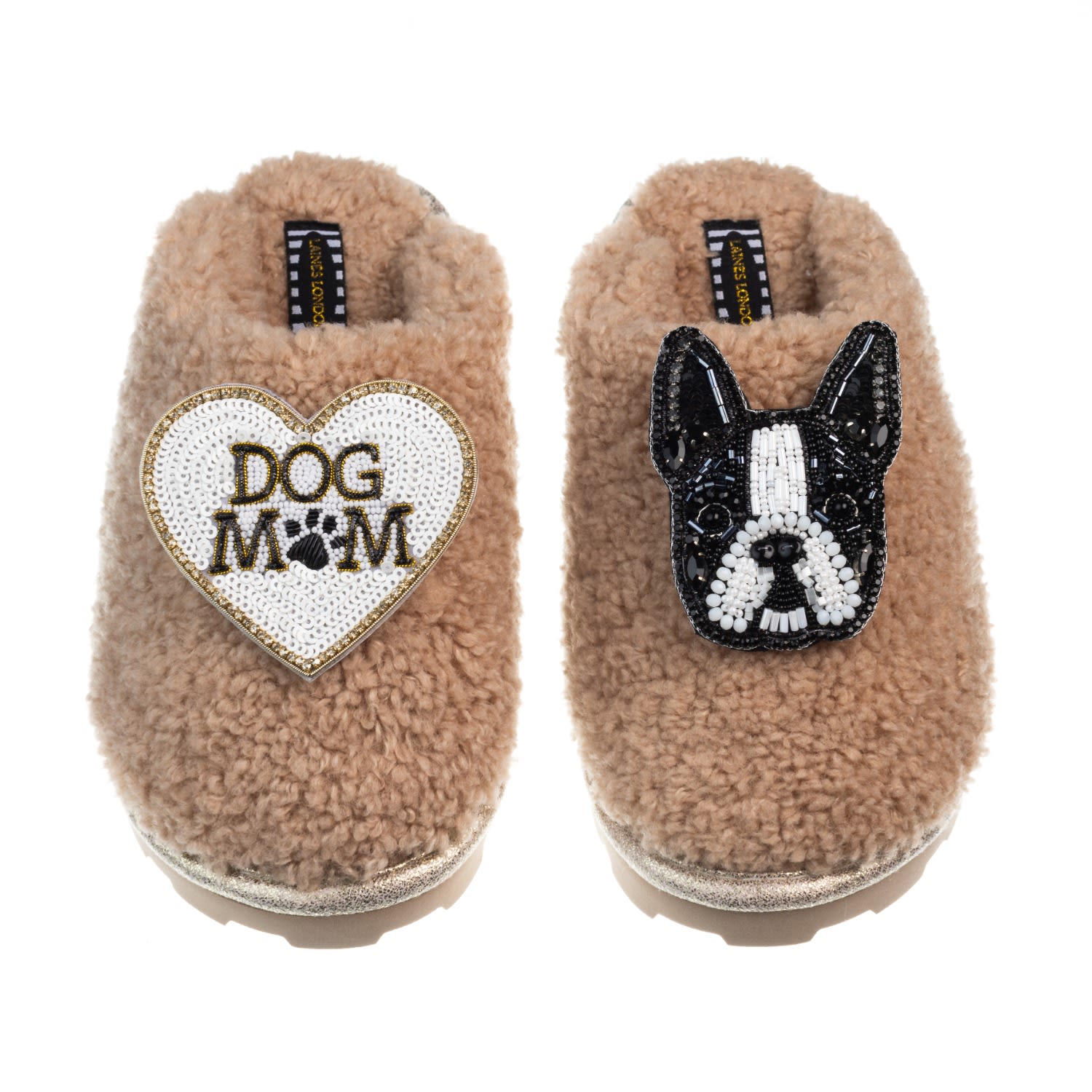 Women’s Brown Teddy Closed Toe Slippers With Buddy The Boston Terrier & Dog Mum / Mom Brooches - Toffee Medium Laines London