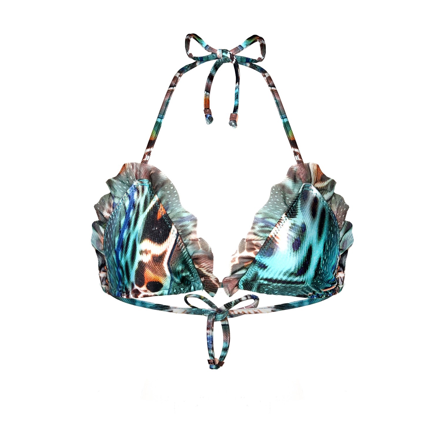 Women's Green / Blue / Gold Green Ruffle Triangle Bikini Top Carmen Posidonia | Small | Deessa Ibiza