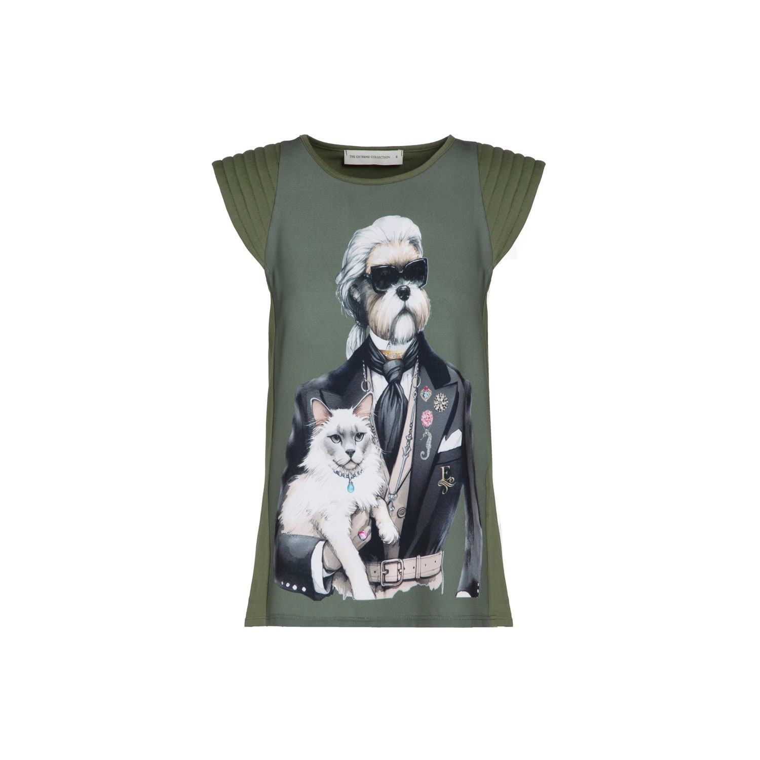 The Extreme Collection Women's Green T-shirt With Quilted Shoulder Pads Sweet Cat