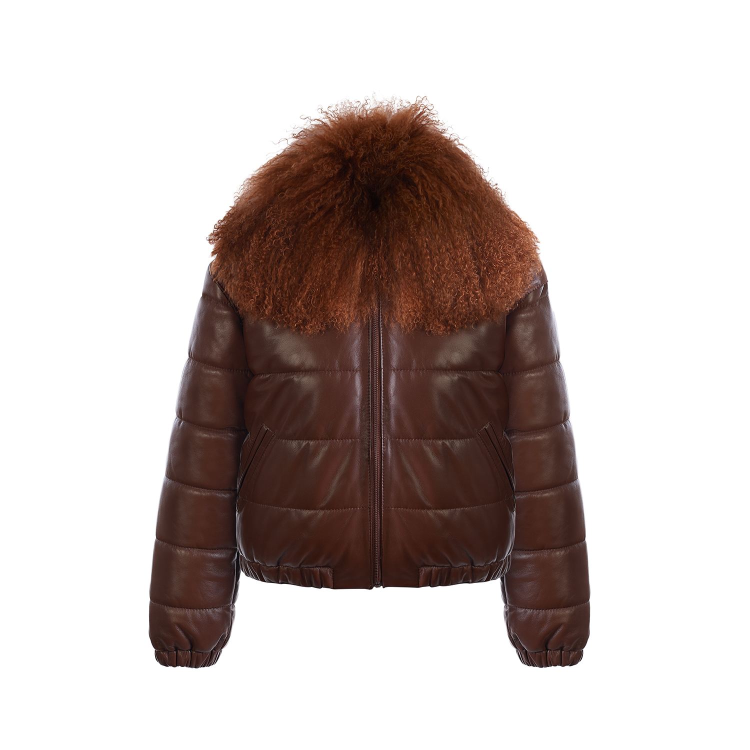 A&a Vesa Women's Brown Leather Jacket With Detachable Mongolian Lamb Collar Cognac