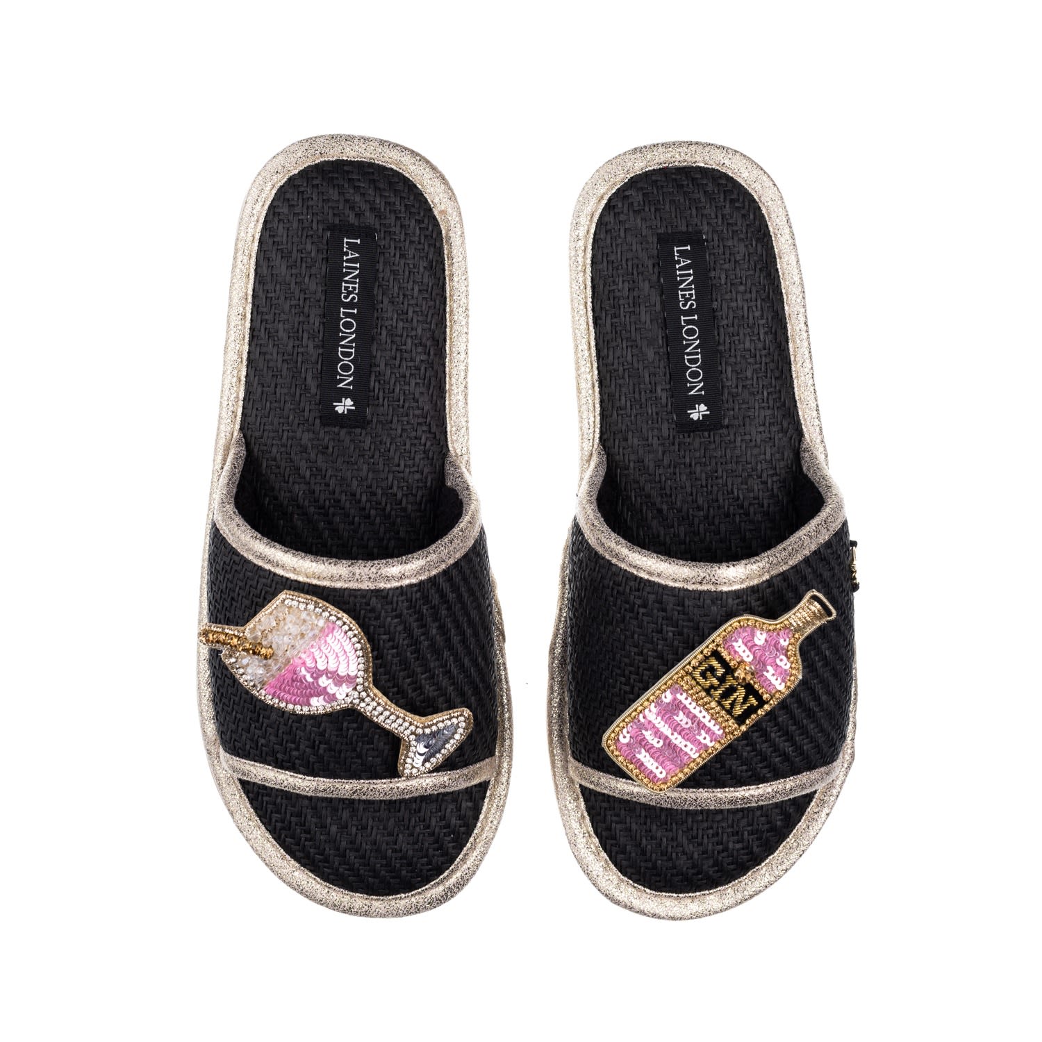 Women’s Straw Braided Sandals With Handmade Pink Gin Brooches - Black Large Laines London