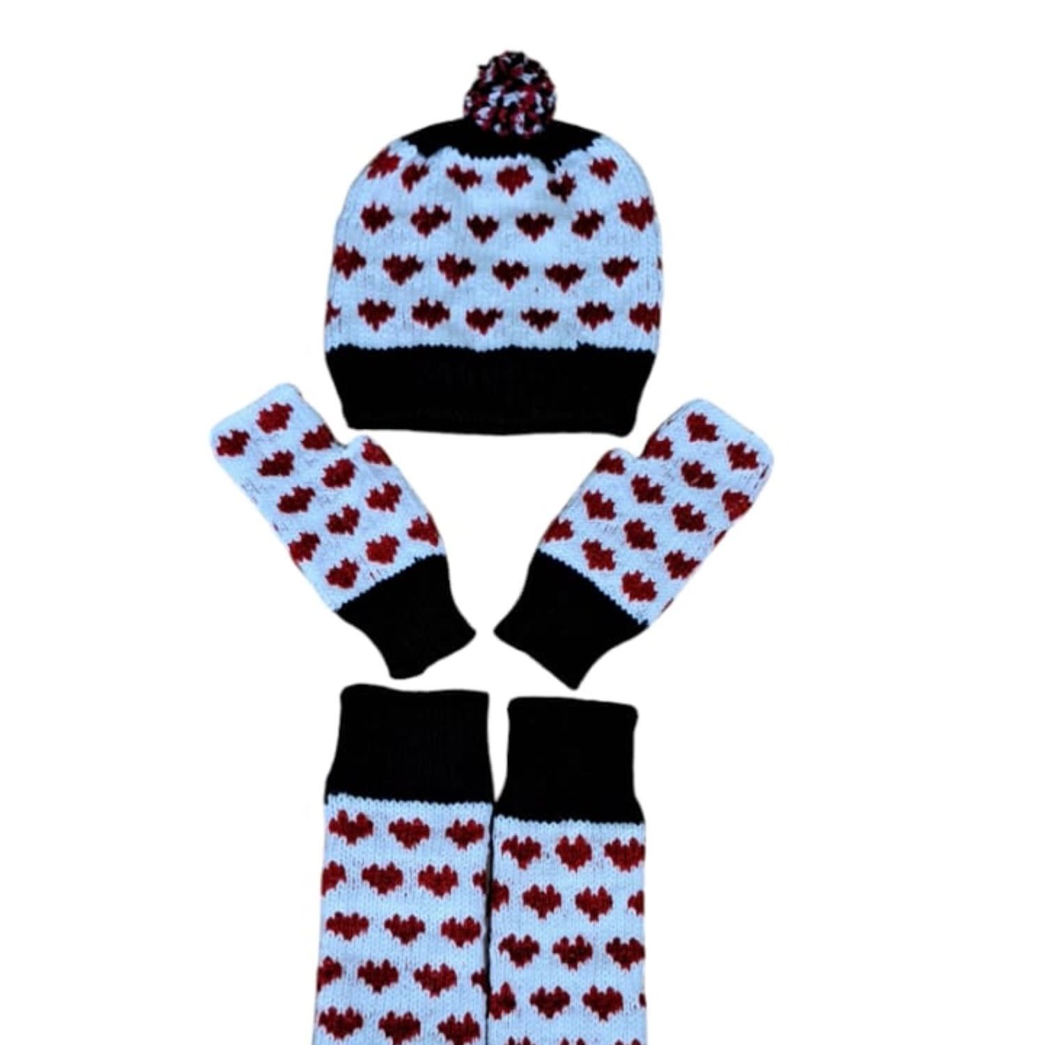 Springmoonatelier Women's Handmade Wool Hat, Gloves, And Socks Set - White, Red, And Black