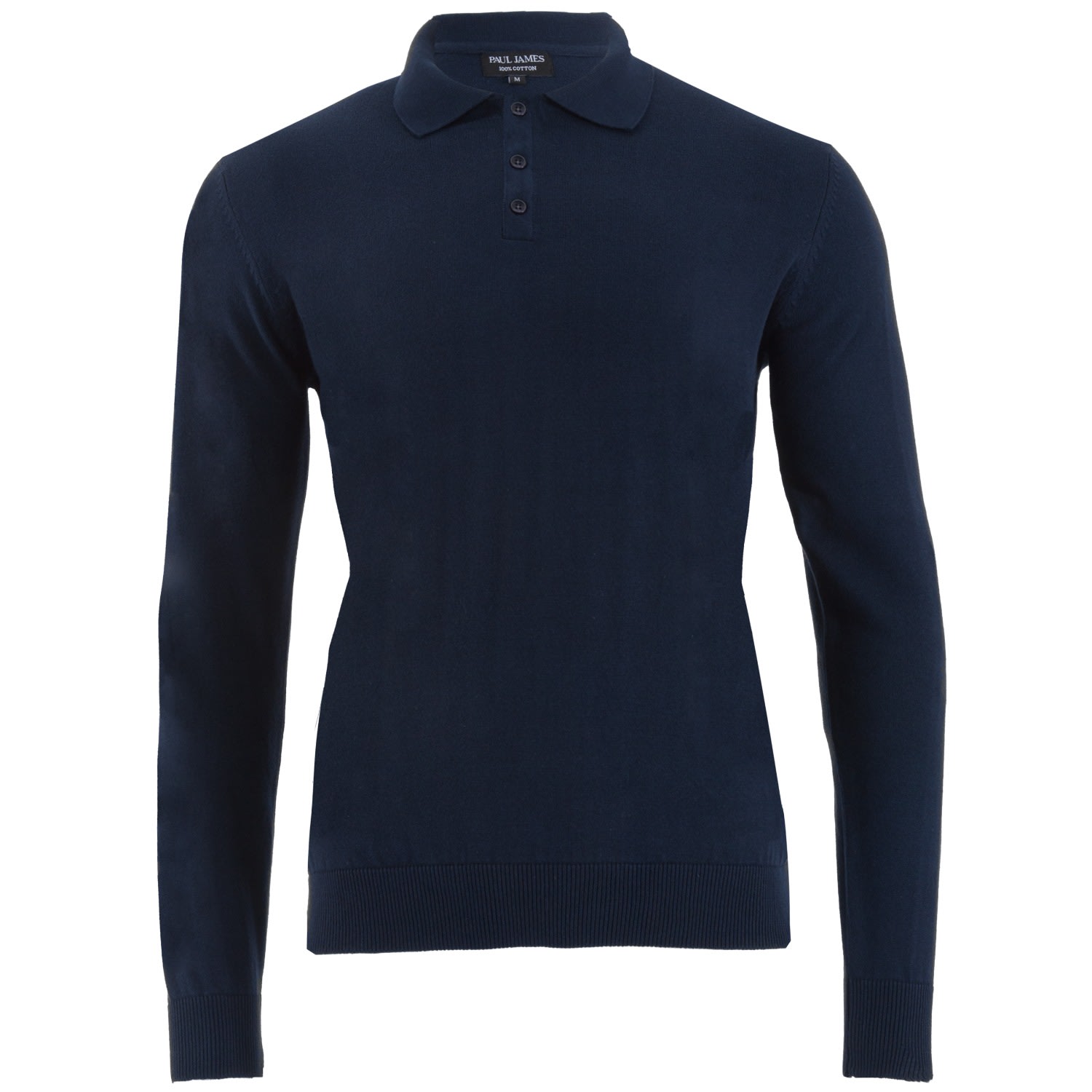 Blue Mens Cotton Hall Long Sleeve Knitted Polo Shirt - Navy Medium Paul James Knitwear