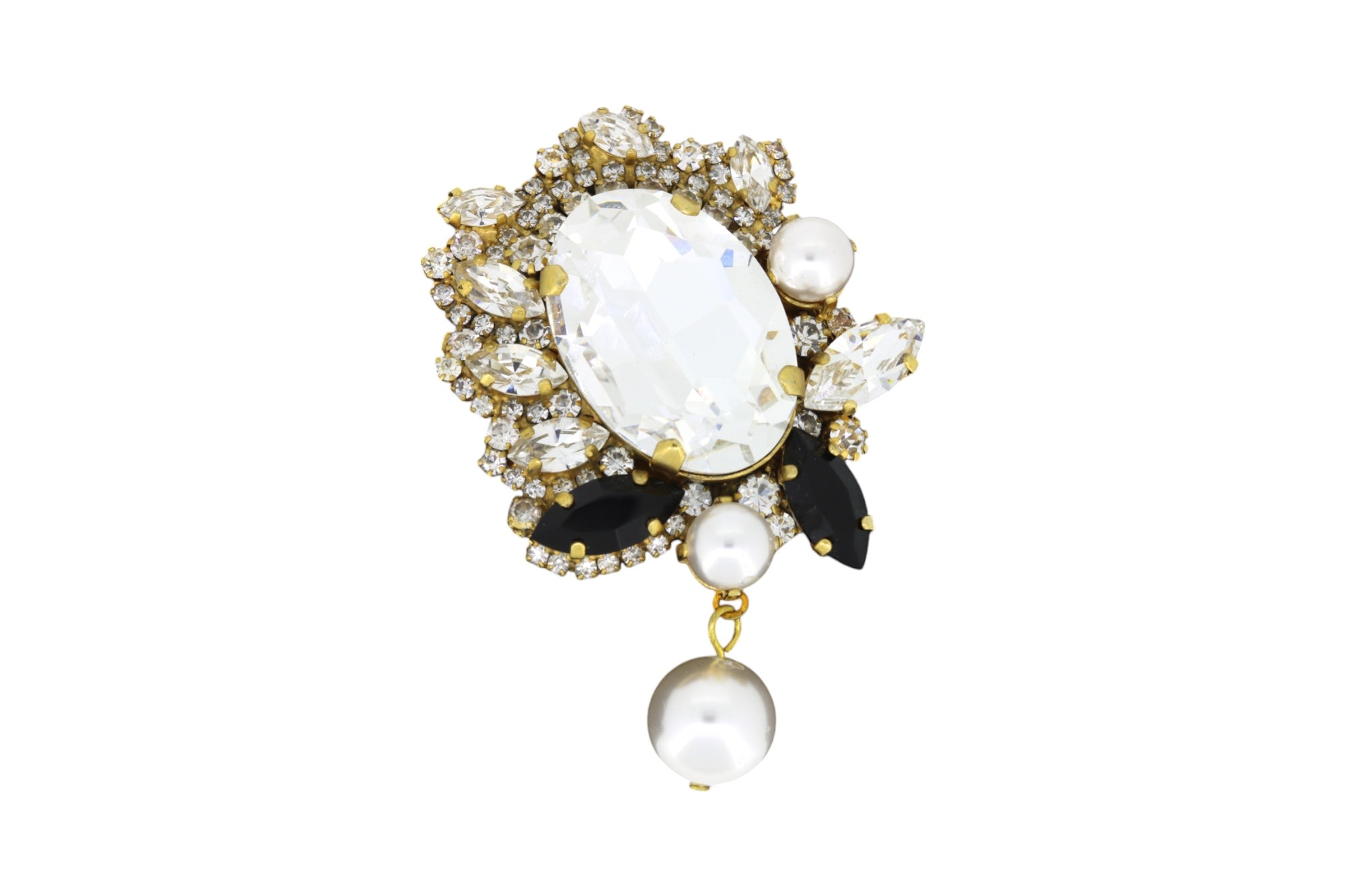 Women's White / Neutrals / Black Jagged Crystal & Pearl Drop Brooch | Vickisarge