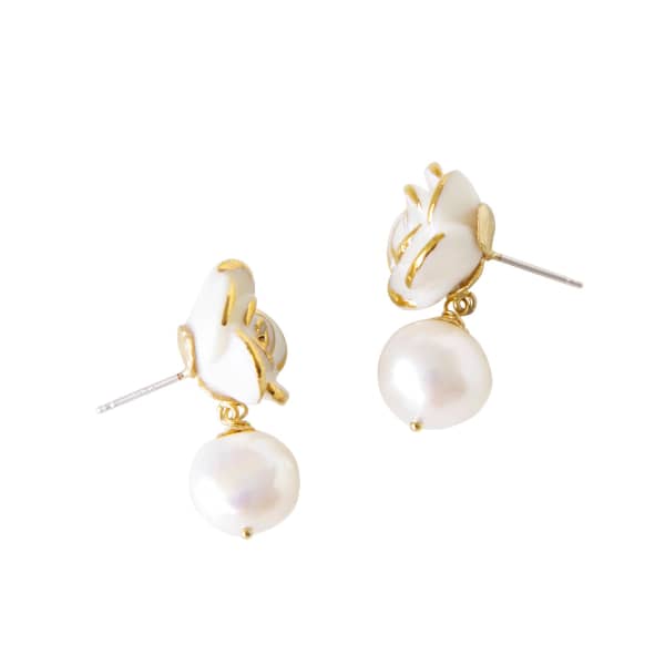 Poporcelain Golden White Cloud Rose Pearl Drop Earrings