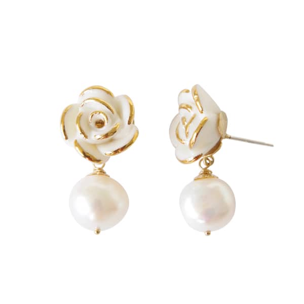 Poporcelain Golden White Cloud Rose Pearl Drop Earrings