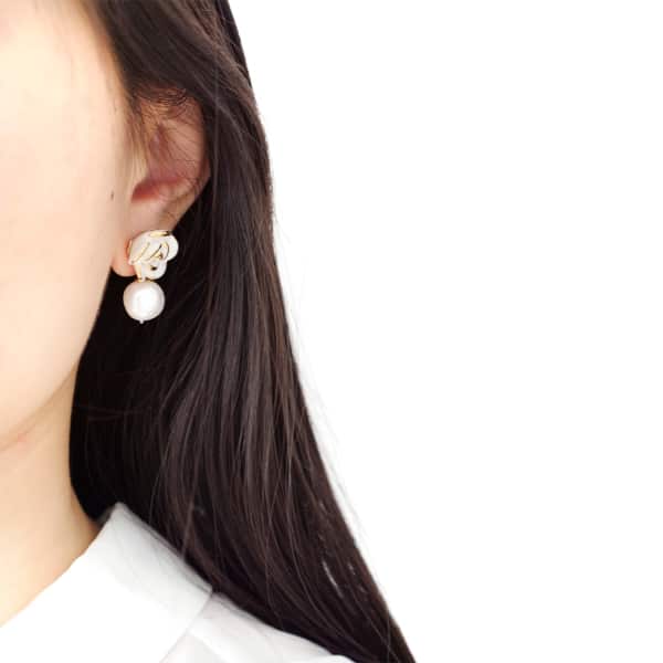 Poporcelain Golden White Cloud Rose Pearl Drop Earrings