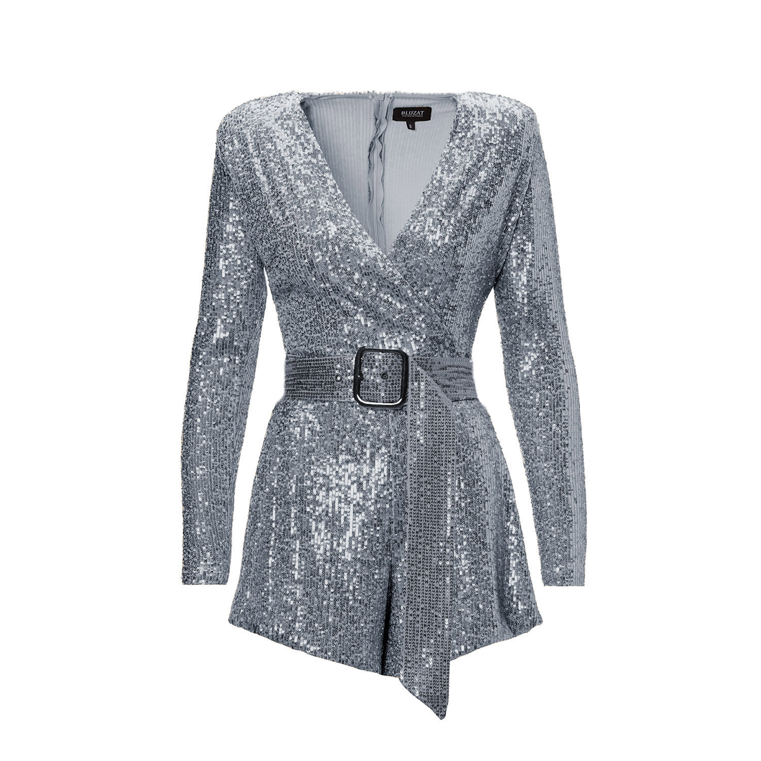 Bluzat Women's Grey Sequin Mini Jumspuit With Proeminent Shoulders And Belt In Grey