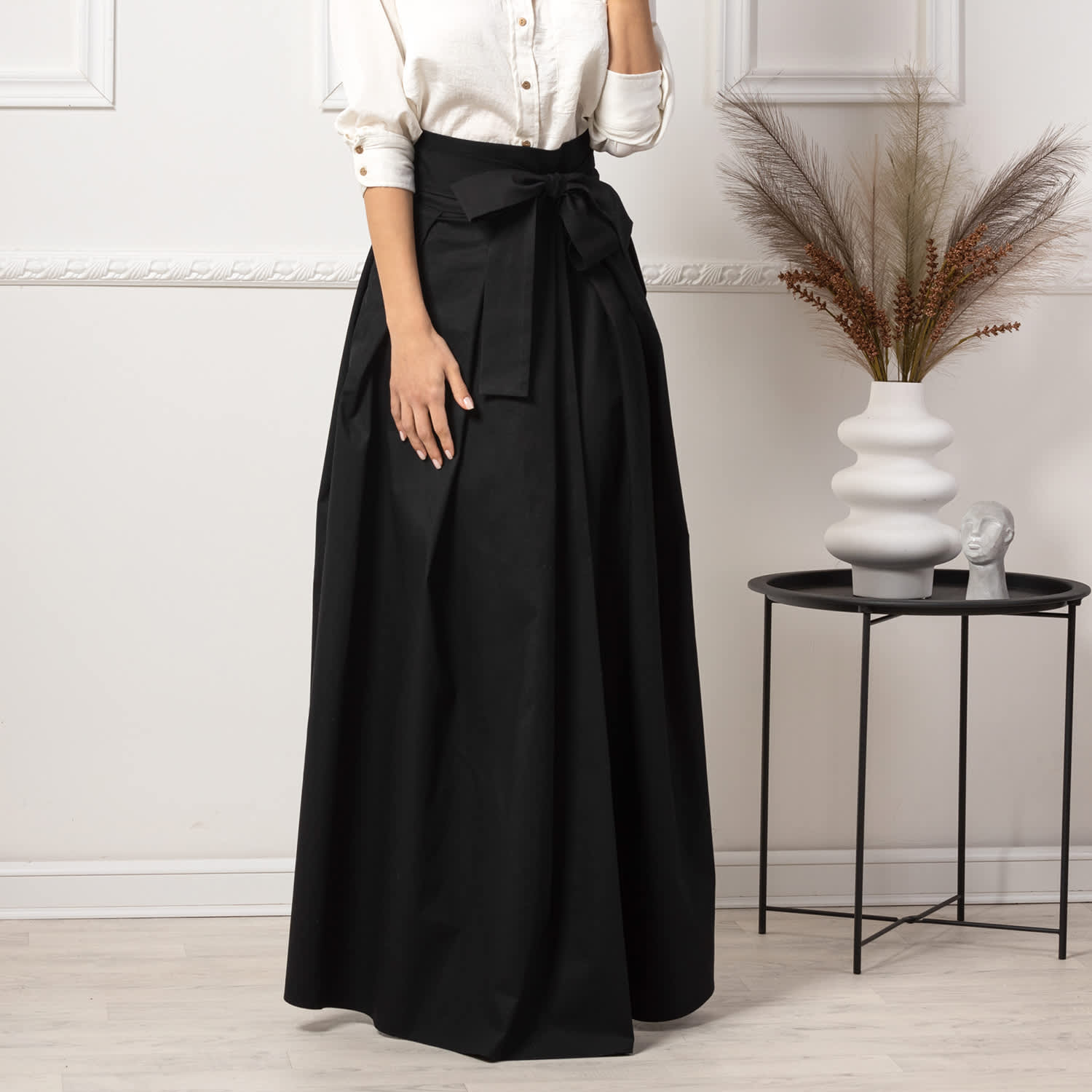 Maxi Cotton Elegant Skirt With Front Bow & High Waist In Black