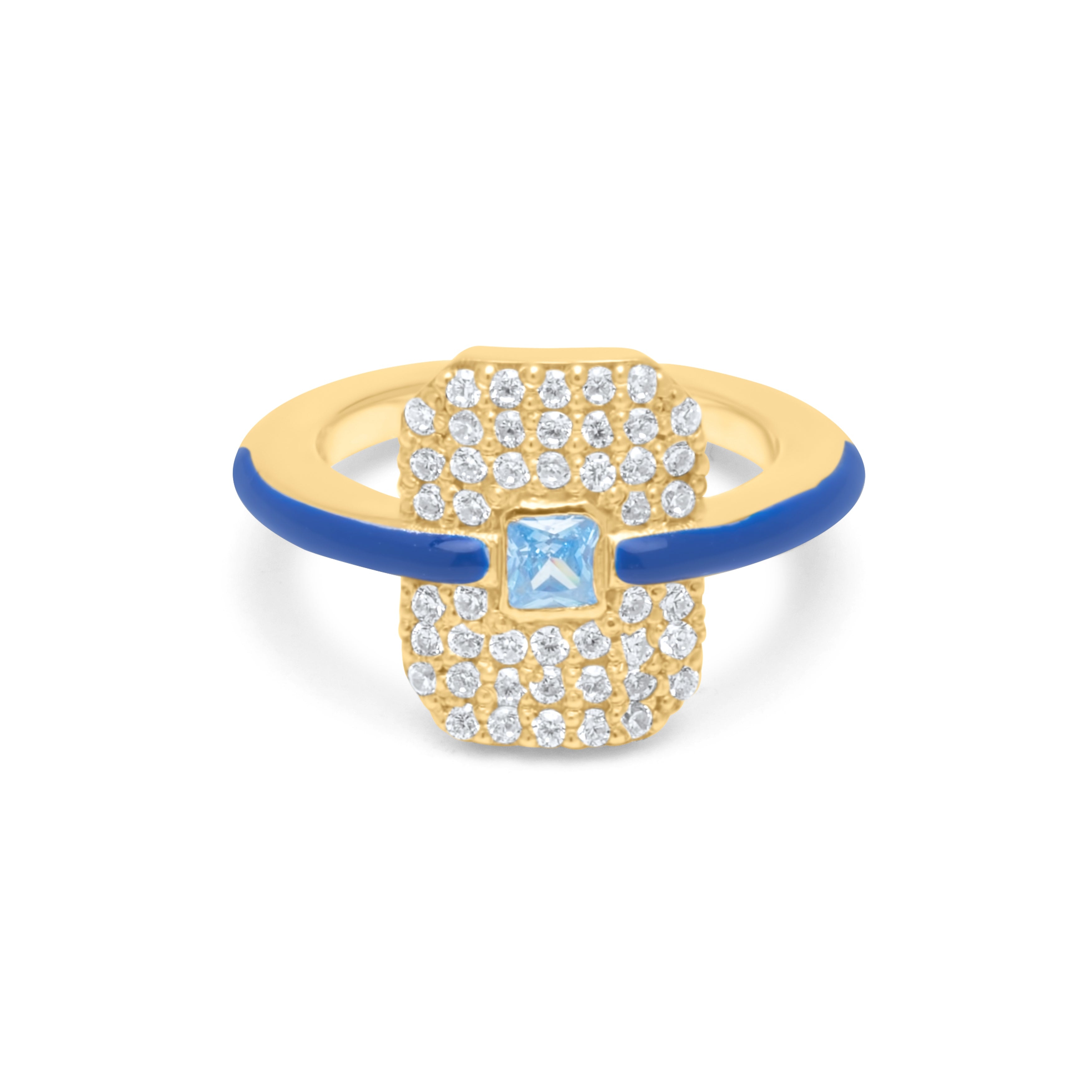 La Vie Jewelry Women's Gold / Blue Crystal Emerald Pave Ring With Lapis Enamel - Gold Plated