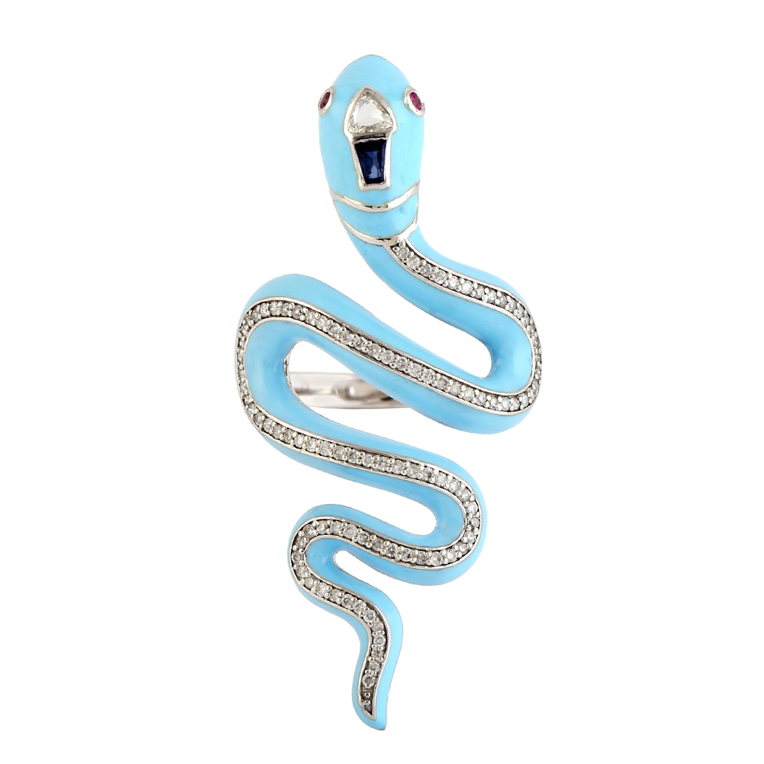 Women’s White / Blue 14K White Gold In Uncut Diamond & Blue Sapphire With Ruby Snake Enamel Long Ring Artisan